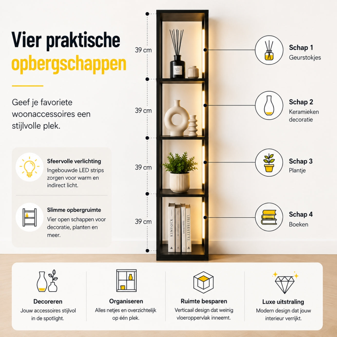 Zwarte vloerlamp met LED-verlichting en geïntegreerde opbergruimte – 29×29×163 cm | Zenzee