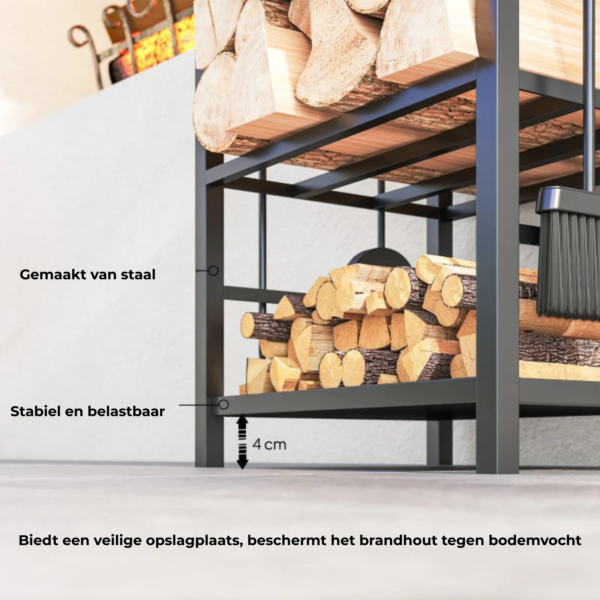 Zwart modern houtrek voor brandhout en haardhout 40x30x74 cm van staal met stabiele constructie en bescherming tegen bodemvocht
