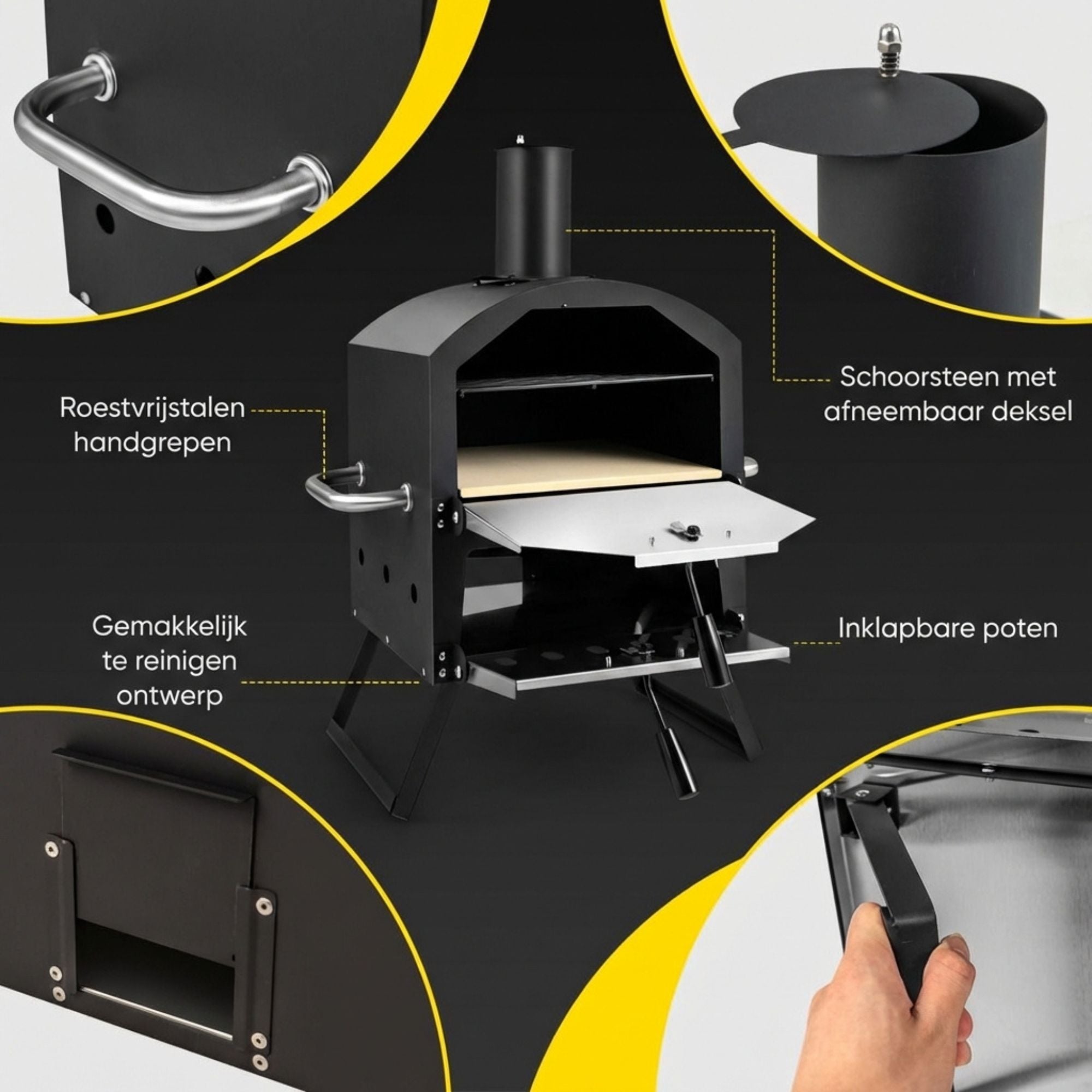Pizzaoven voor buiten – draagbaar voor pizza vlees en brood - Met afdekhoes met roestvrijstalen handgrepen en inklapbare poten