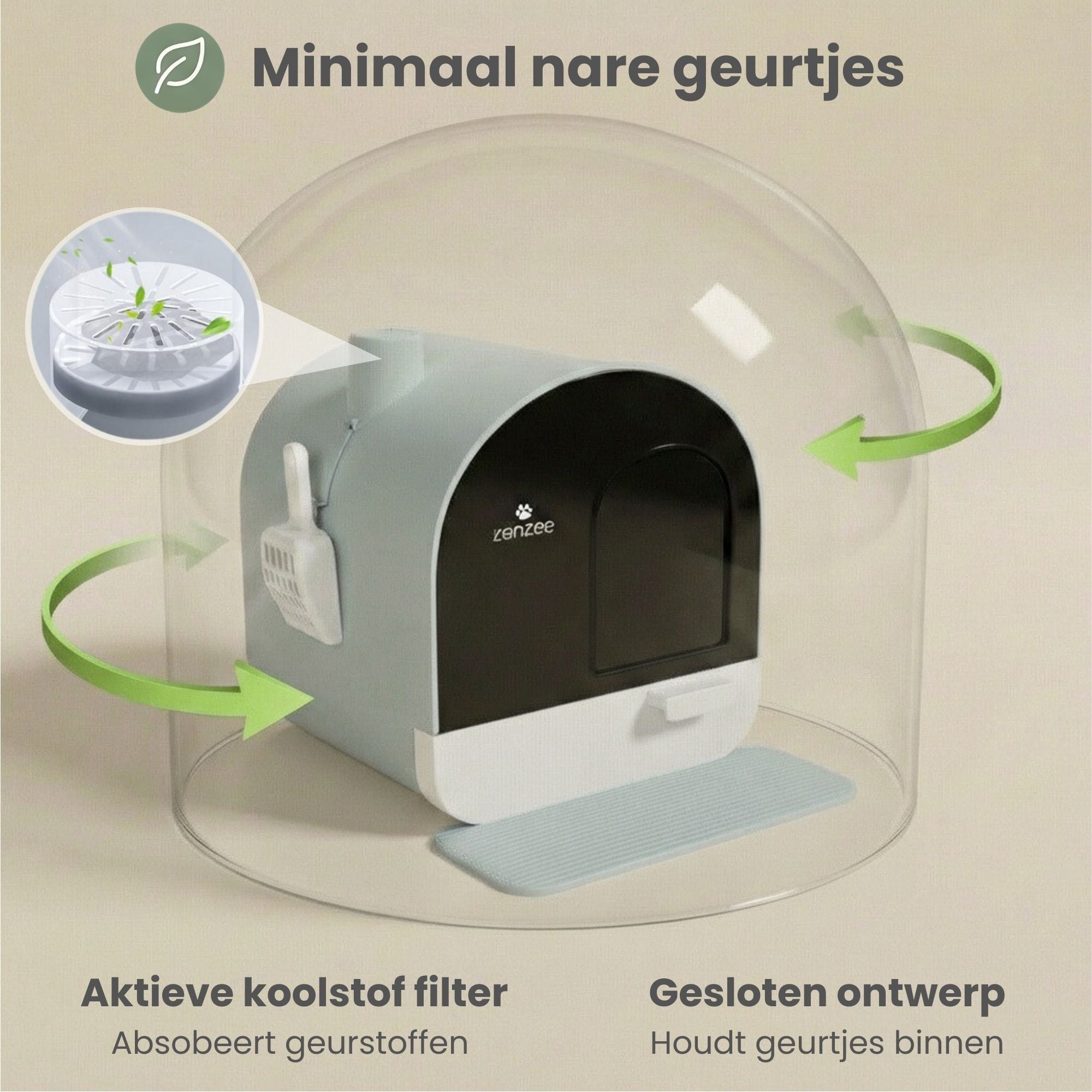 Praktische kattenbak met uitneembare lade, kattenbak mat en schep compleet Groen | Zenzee met actief koolstoffilter en gesloten ontwerp