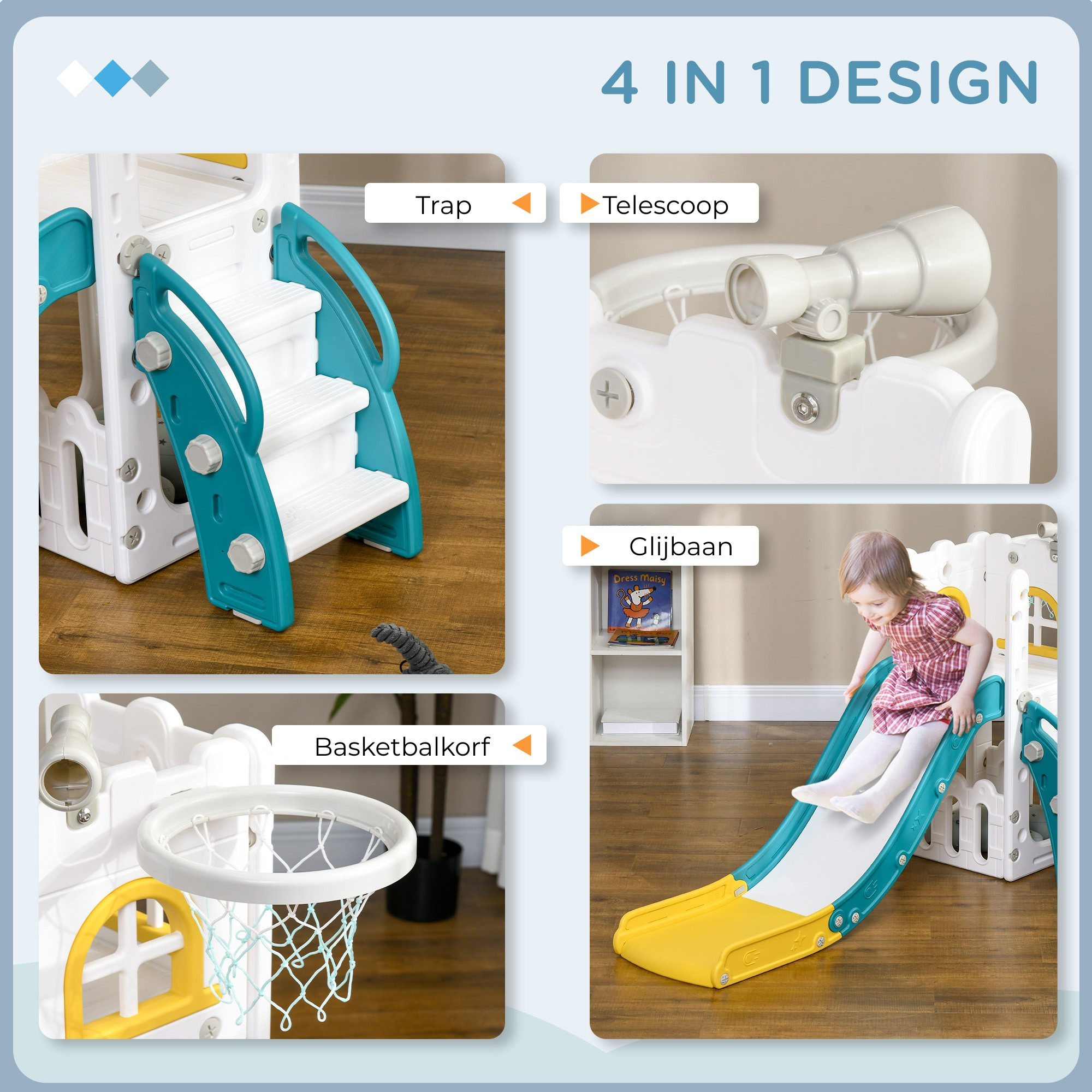 Kinderglijbaan met basketbalring voor actief en veilig speelplezier met trap, telescoop, glijbaan en basketbalkorf