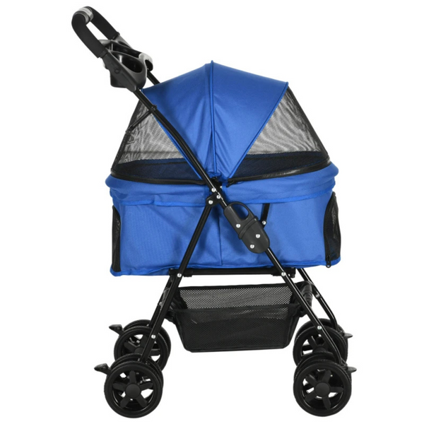 Hondenbuggy blauw opvouwbaar met opbergruimte en veilige parkeerrem