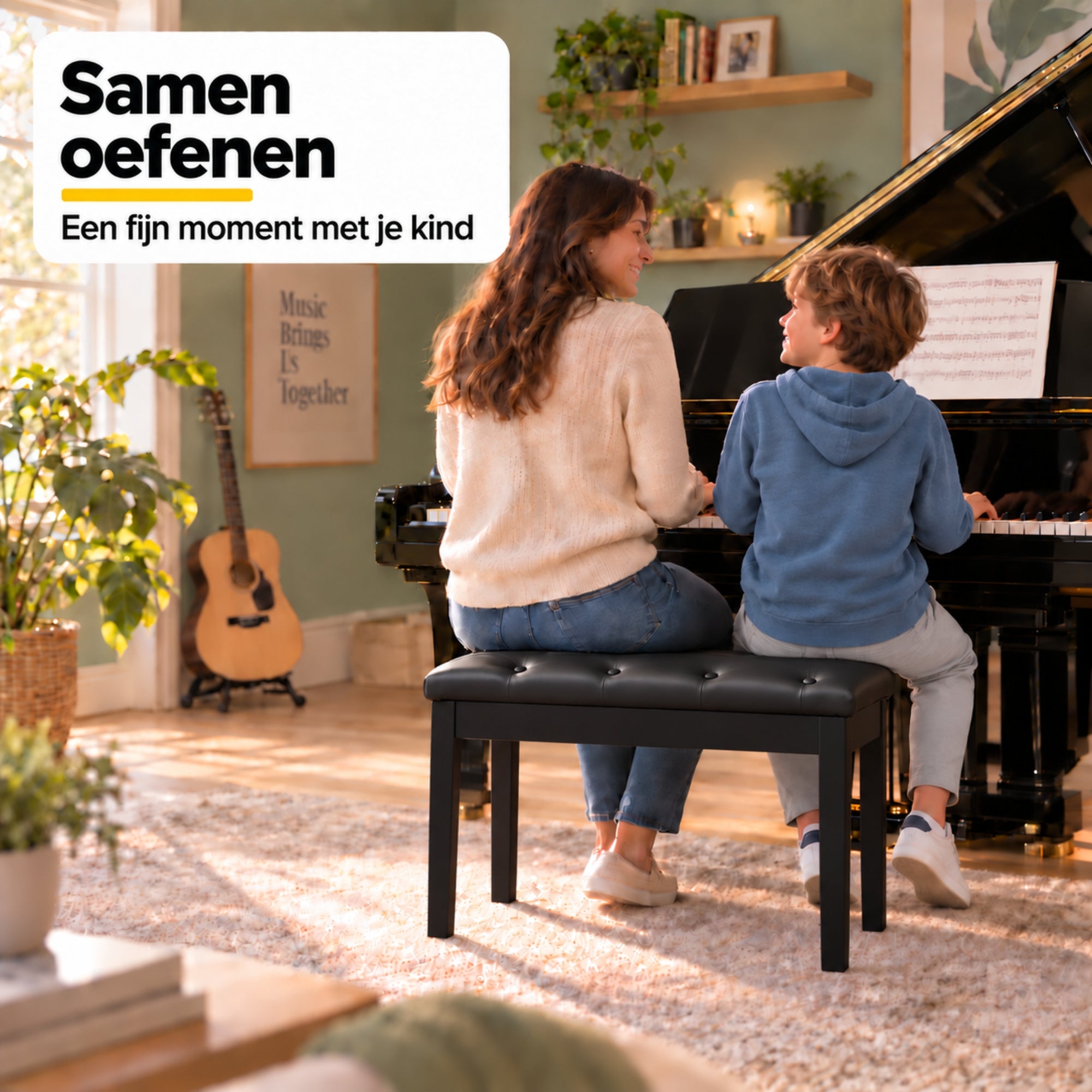 Zwarte pianobank met opbergruimte – klassiek design en zitcomfort met zachte kunstlederen zitting voor samen pianospelen