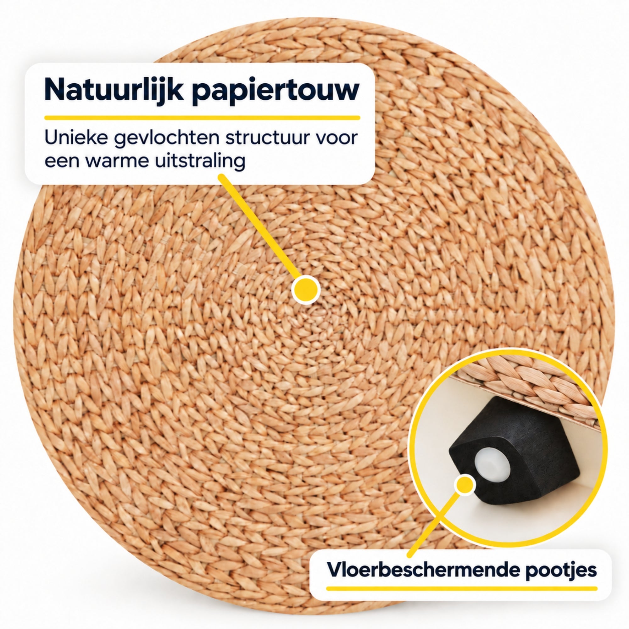 Ronde hocker met opbergruimte en afneembare deksel – stro rotan – Ø43×43 cm met gevlochten papiertouw en vloerbeschermende pootjes