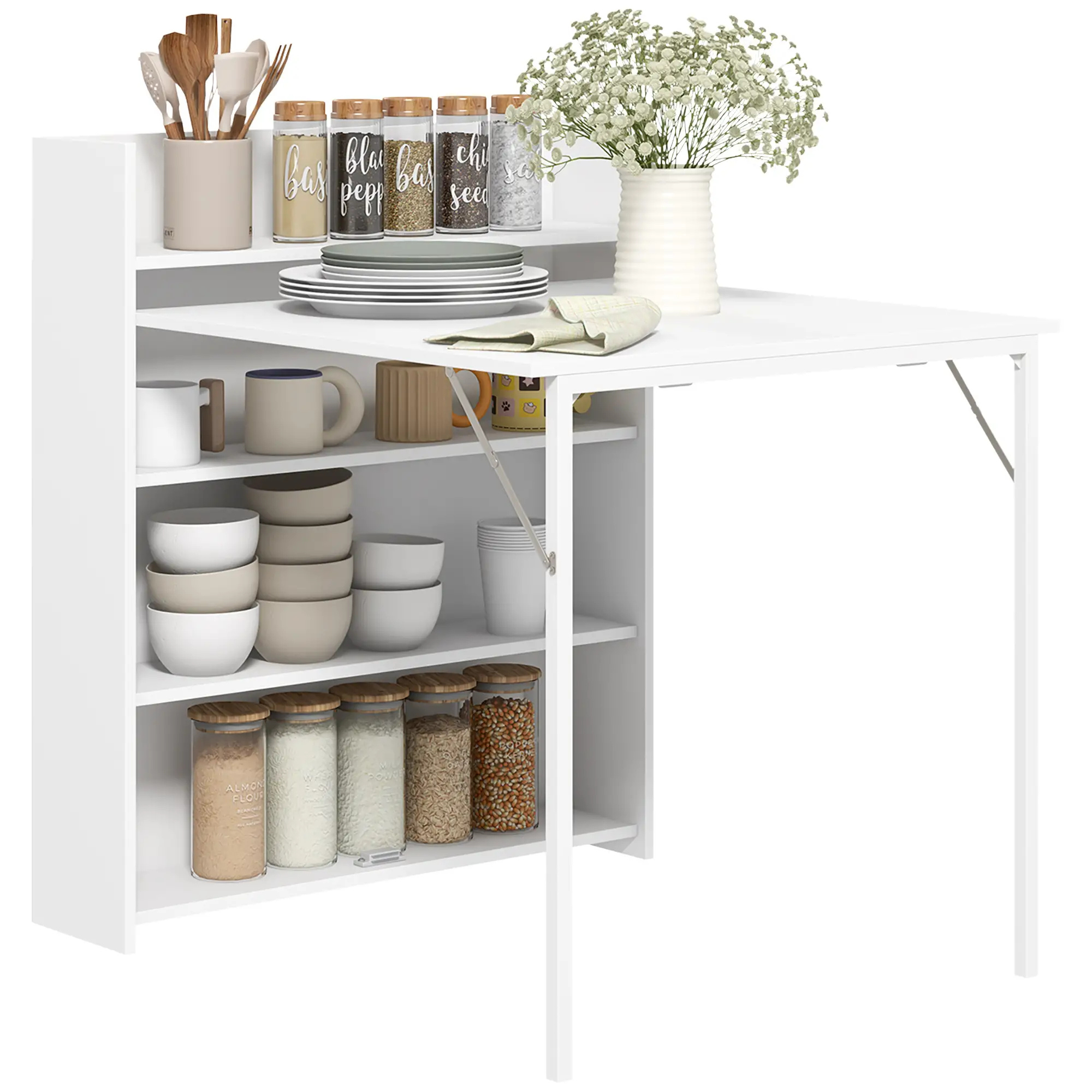 Multifunctionele klaptafel, te gebruiken als eettafel of wandtafel 78,5x91x93 cm met opbergruimte en strak wit design