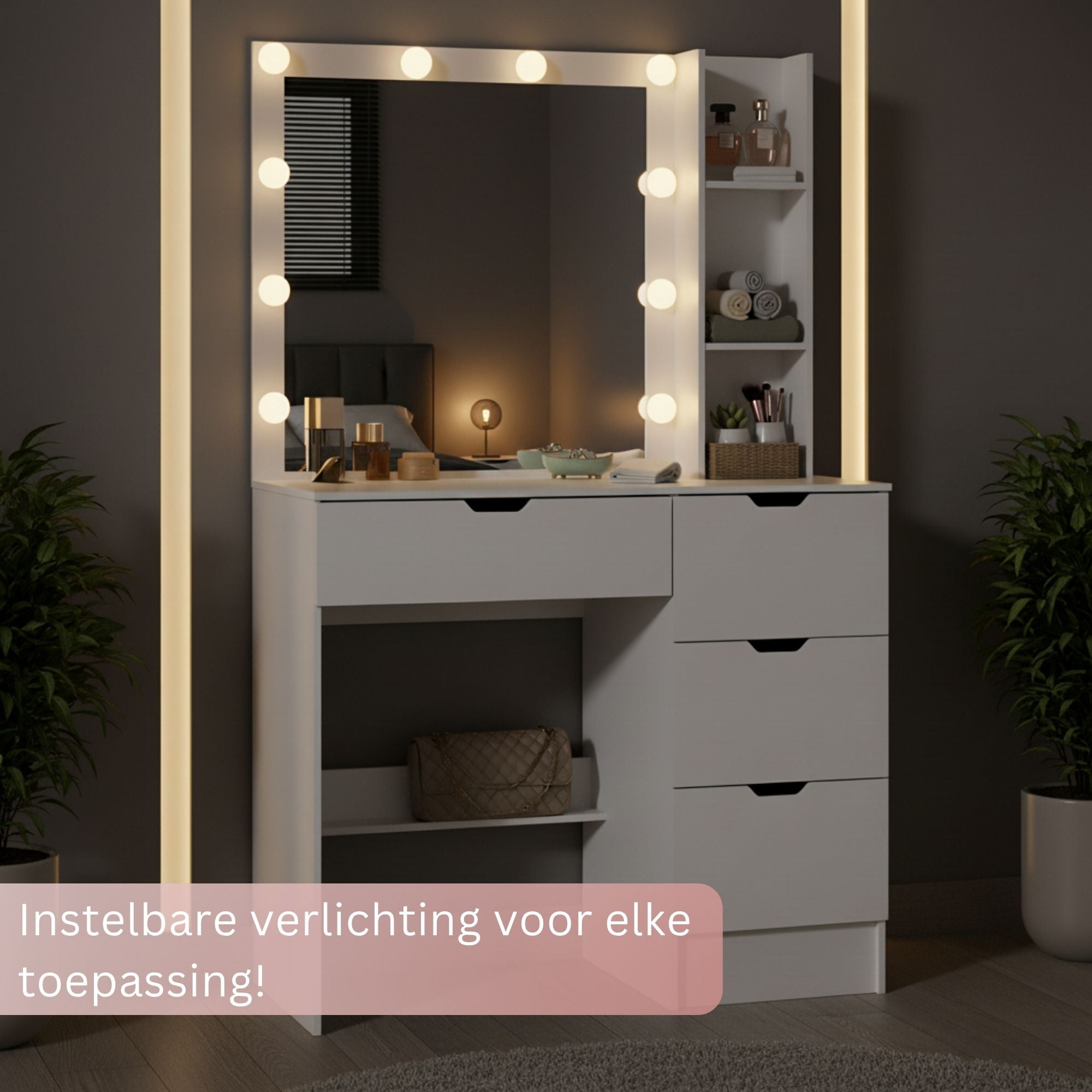 Kaptafel wit met Hollywood spiegel LED en ruime lades voor make-up | Zenzee