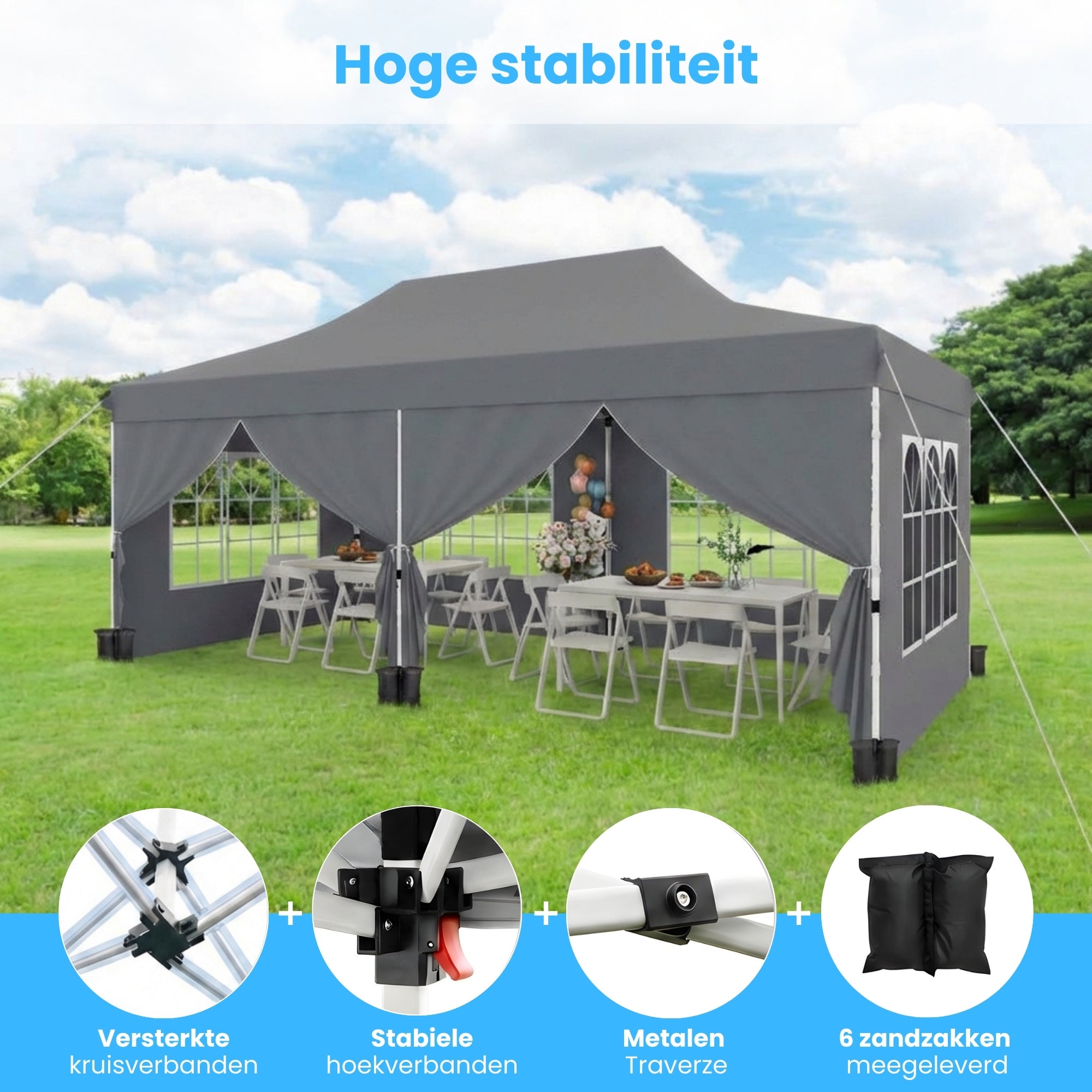 Grijze partytent tuinpaviljoen opvouwbaar 6x3m – waterdicht met zijwanden, hoge stabiliteit door metalen traverse en zandzakken