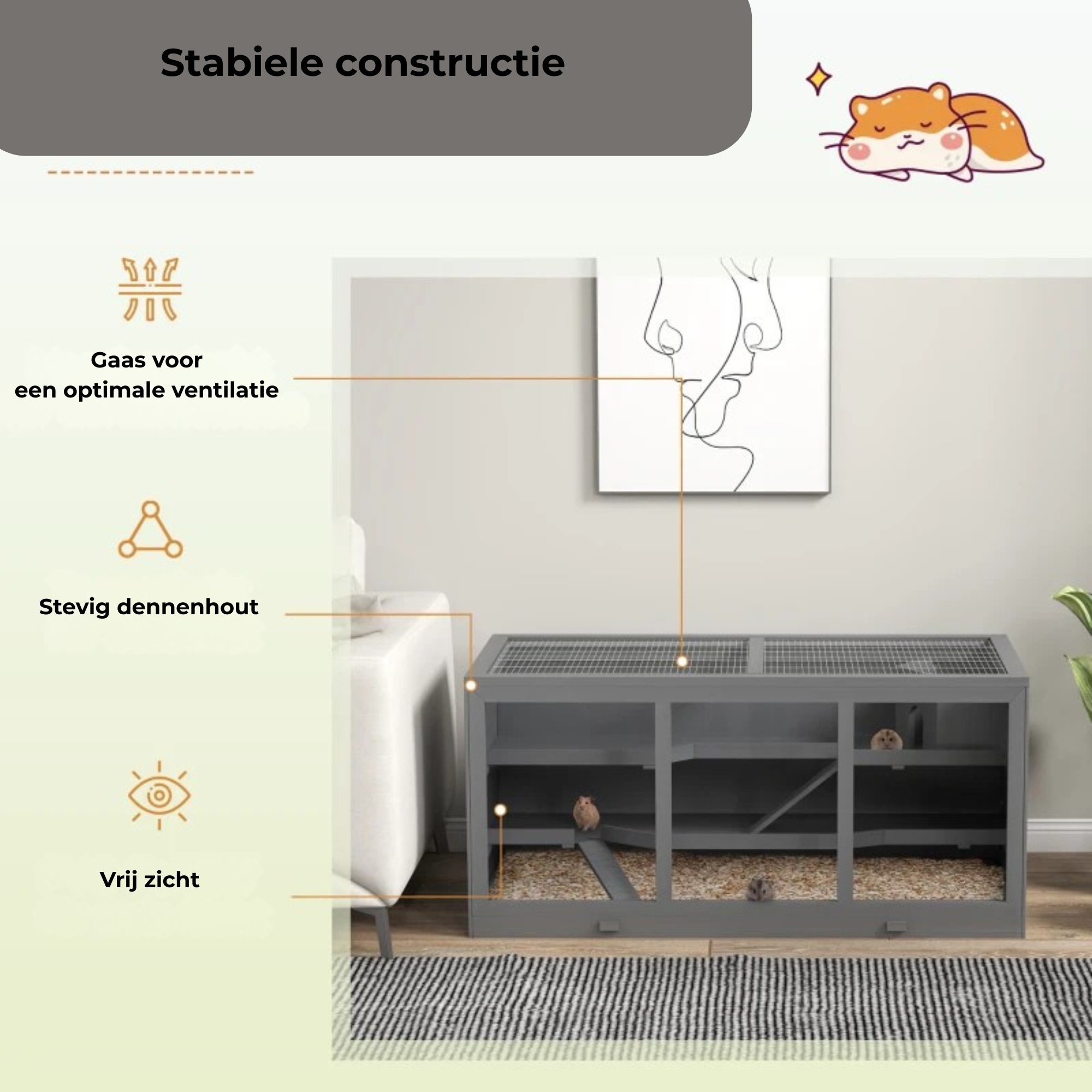 Hamsterkooi voor knaagdieren met extra ruimte in grijs 115x57x55 cm met gaas en stevige dennenhouten constructie