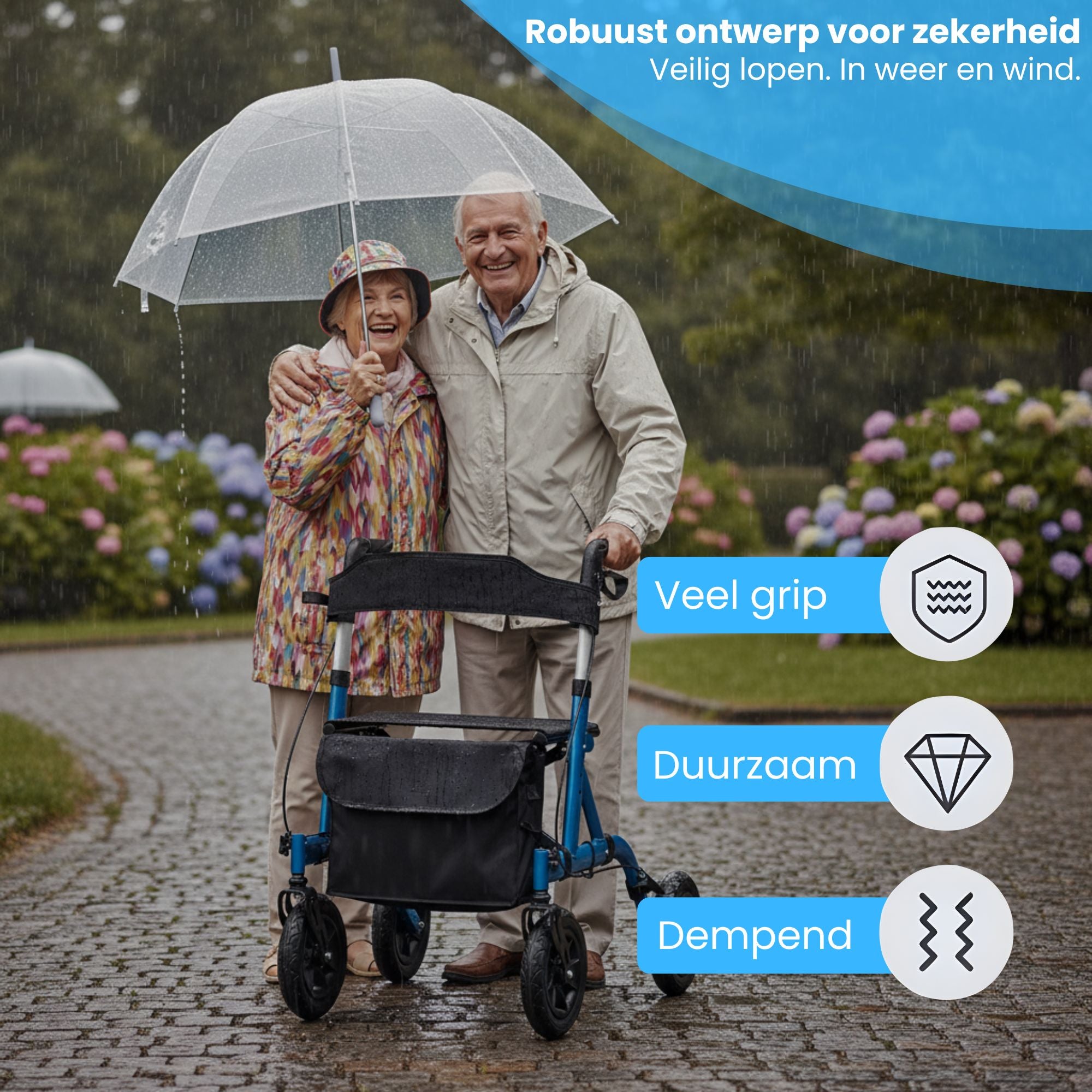 Rollator met all-terrain luchtbanden en comfortabele zitfunctie blauw voor veilig en stabiel lopen in alle weersomstandigheden