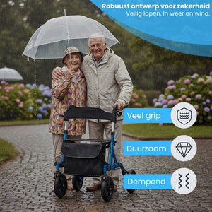 Rollator met all-terrain luchtbanden en comfortabele zitfunctie blauw voor veilig en stabiel lopen in alle weersomstandigheden