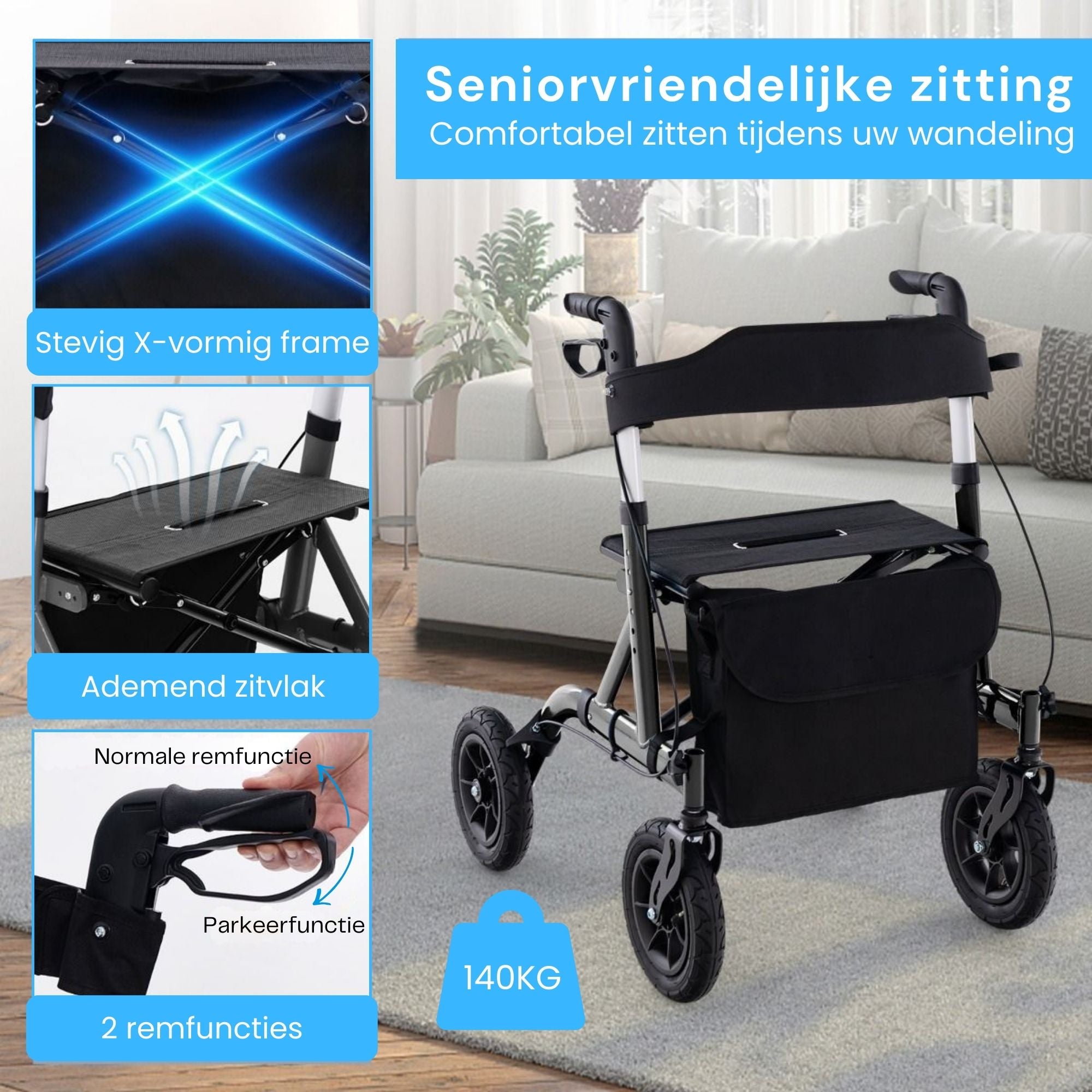 Rollator met all-terrain luchtbanden en comfortabele zitfunctie zwart met stevig X-vormig frame en ademend zitvlak voor stabiliteit