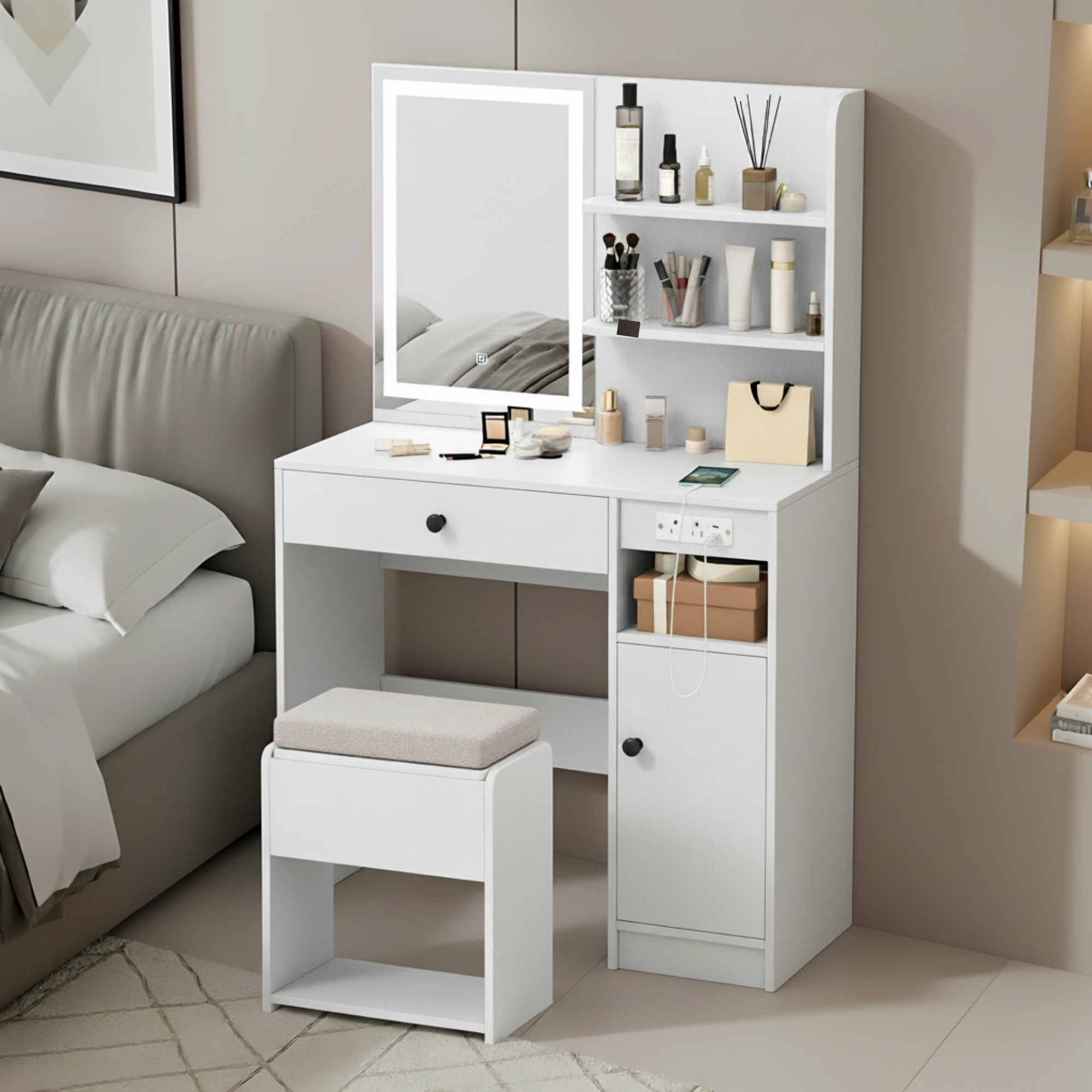 Make-up tafel kaptafel met hocker met LED-spiegel 90x40x136 cm – moderne witte kaptafel met opbergruimte en verlichting