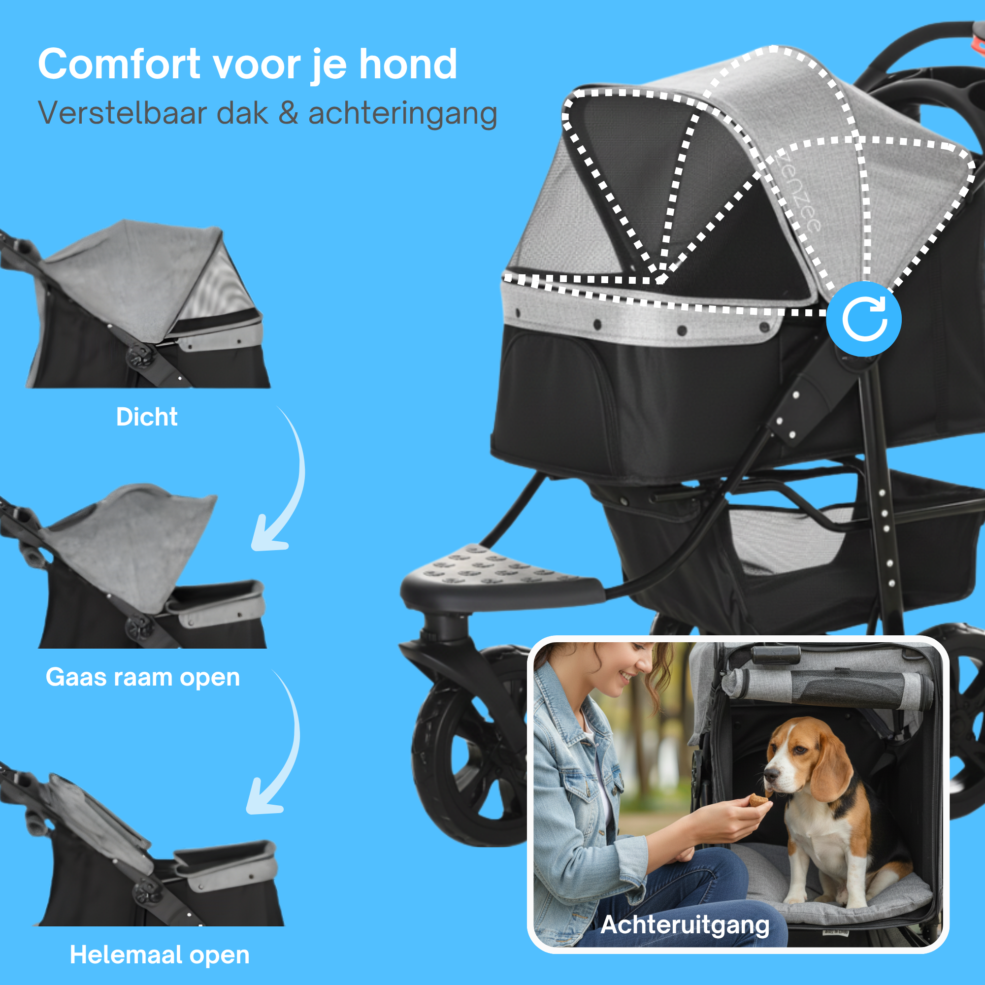 Opvouwbare hondenbuggy met verstelbare kap en opbergruimte – grijs/zwart – 110×58×107 cm | Zenzee met dak en achteringang