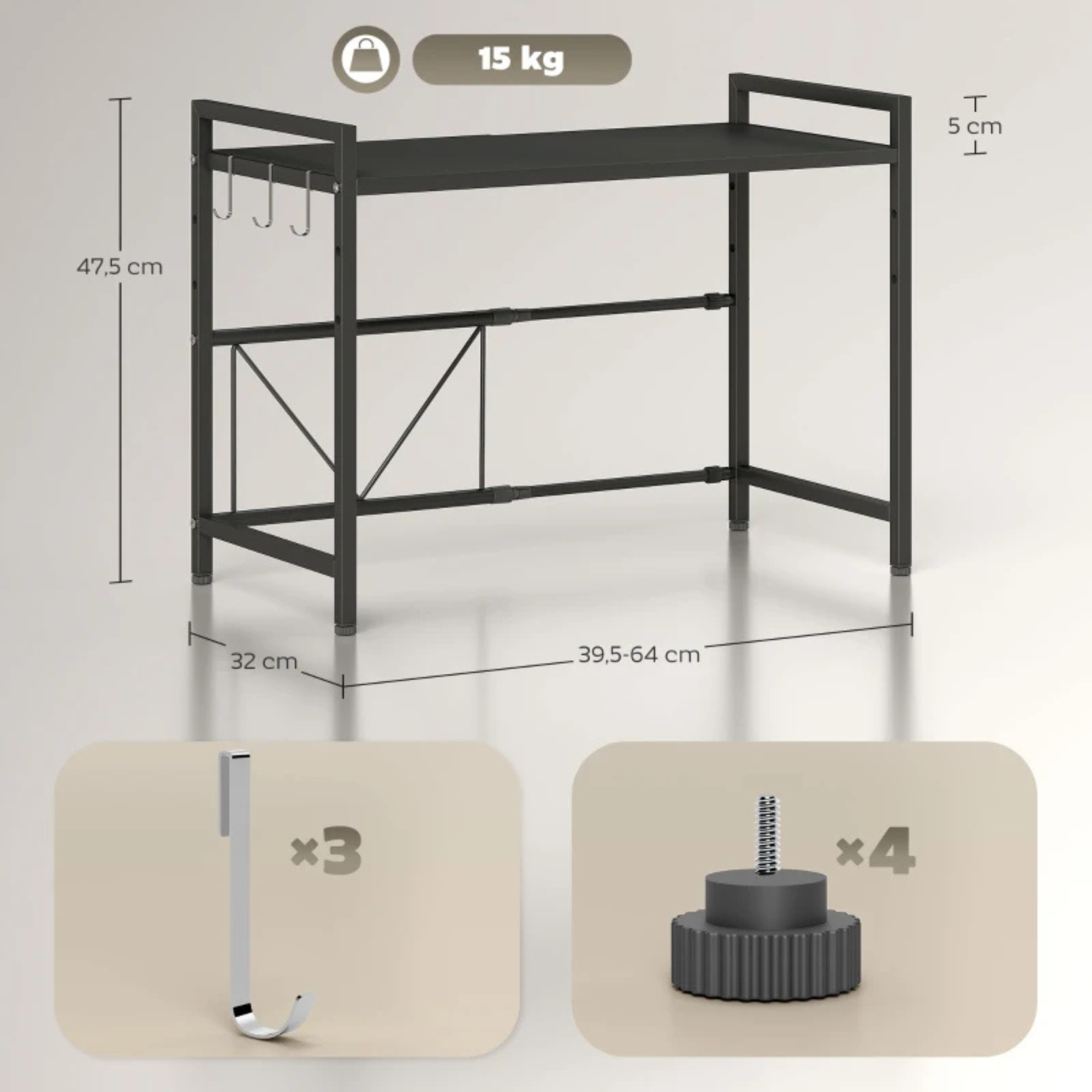 Uitschuifbaar zwart metalen magnetronrek met verstelbare lagen voor keukenruimte – stevig en ruimtebesparend design