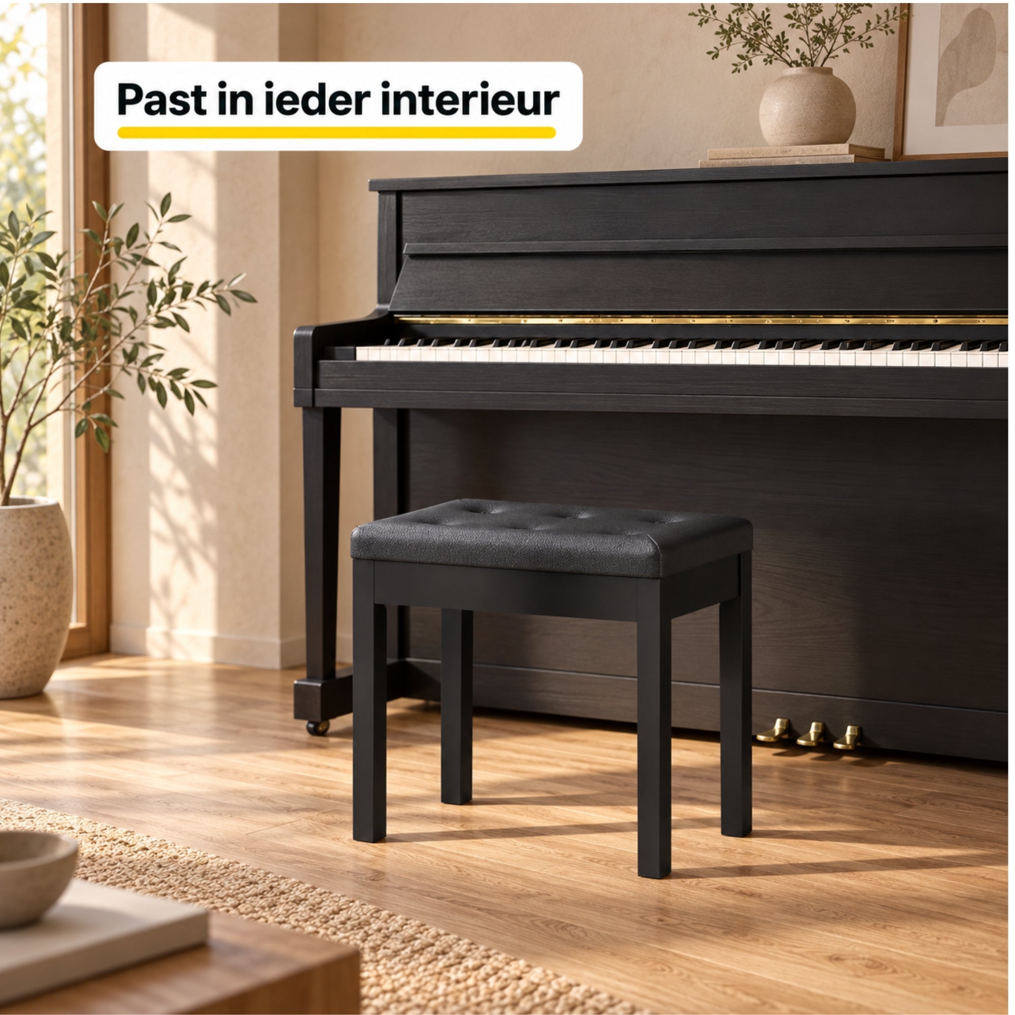 Moderne zwarte pianokruk met opbergruimte voor extra comfort en stijl, zitting met zachte bekleding en strak design