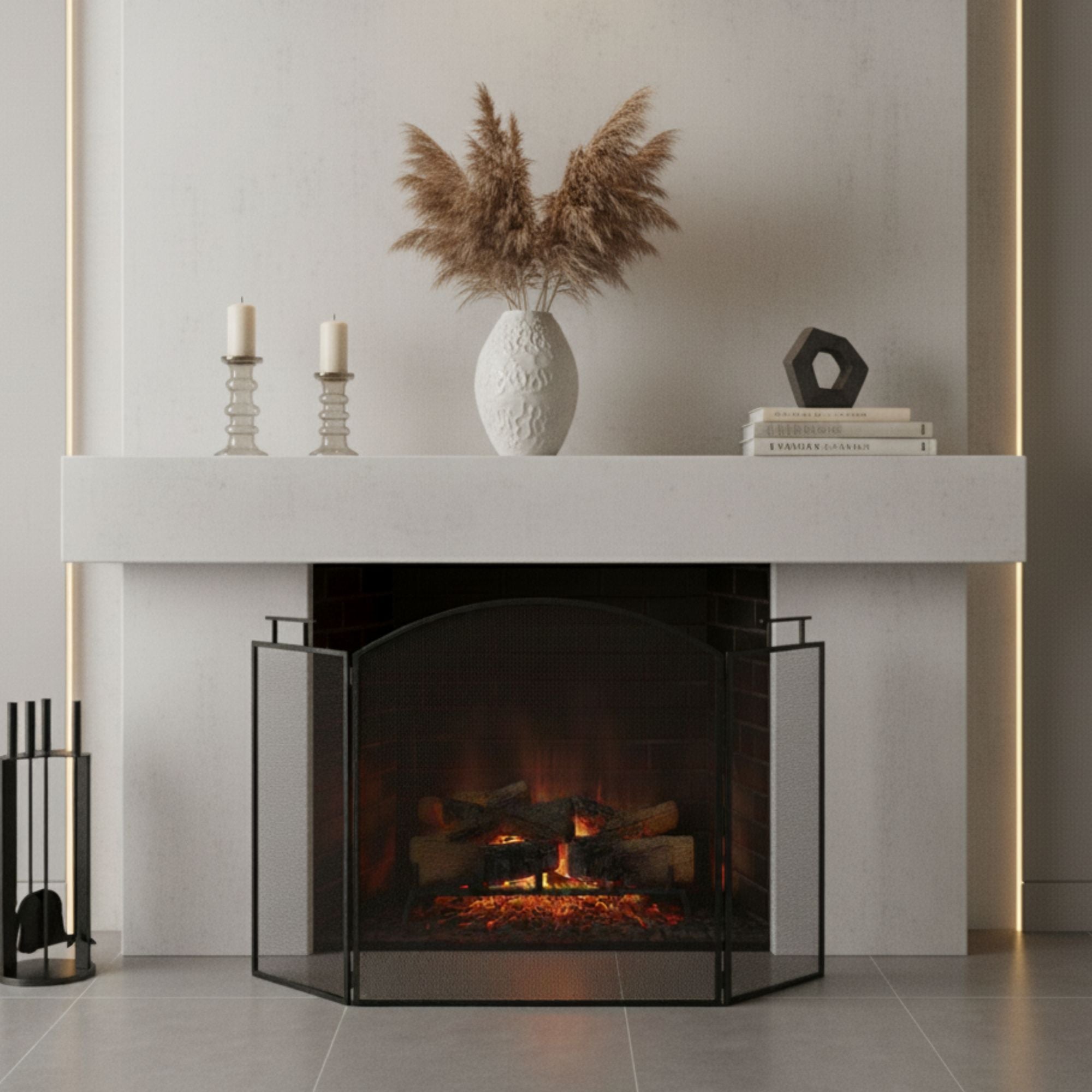 Zwart haardscherm 128x77 cm met vonkenscherm voor veilige warmte, opvouwbaar en eenvoudig op te bergen in een moderne inrichting