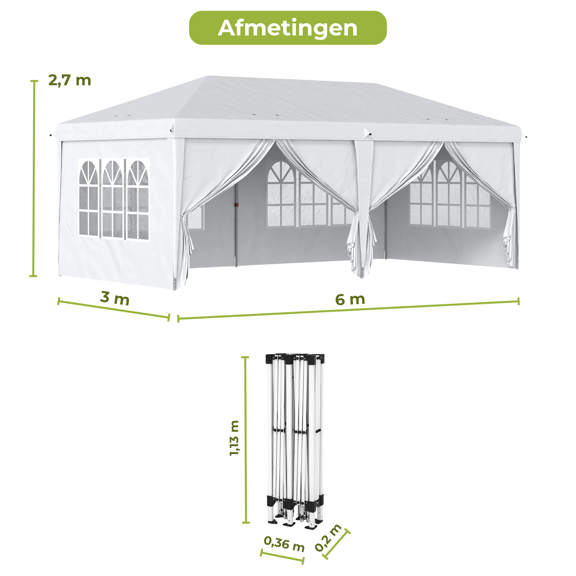Partytent Opvouwbaar - Met Zijwanden – Paviljoen - Easy Up partytent – Tuinpaviljoen – 6x3m – Waterdicht – Verstelbare Hoogte – Wit