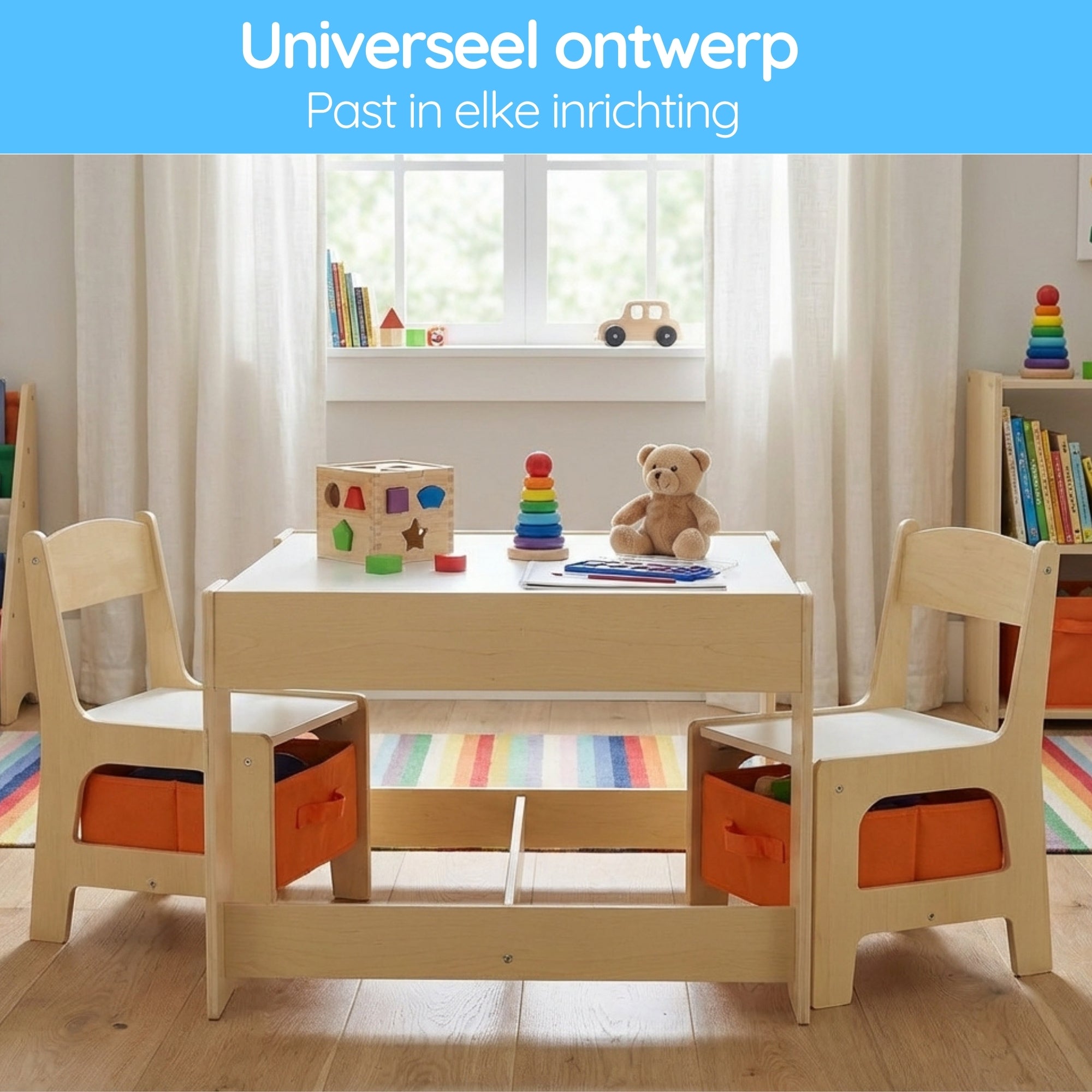 kindertafel met stoeltjes met krijtbord, whiteboard en slimme opbergruimte van licht hout voor spel en leren kinderen