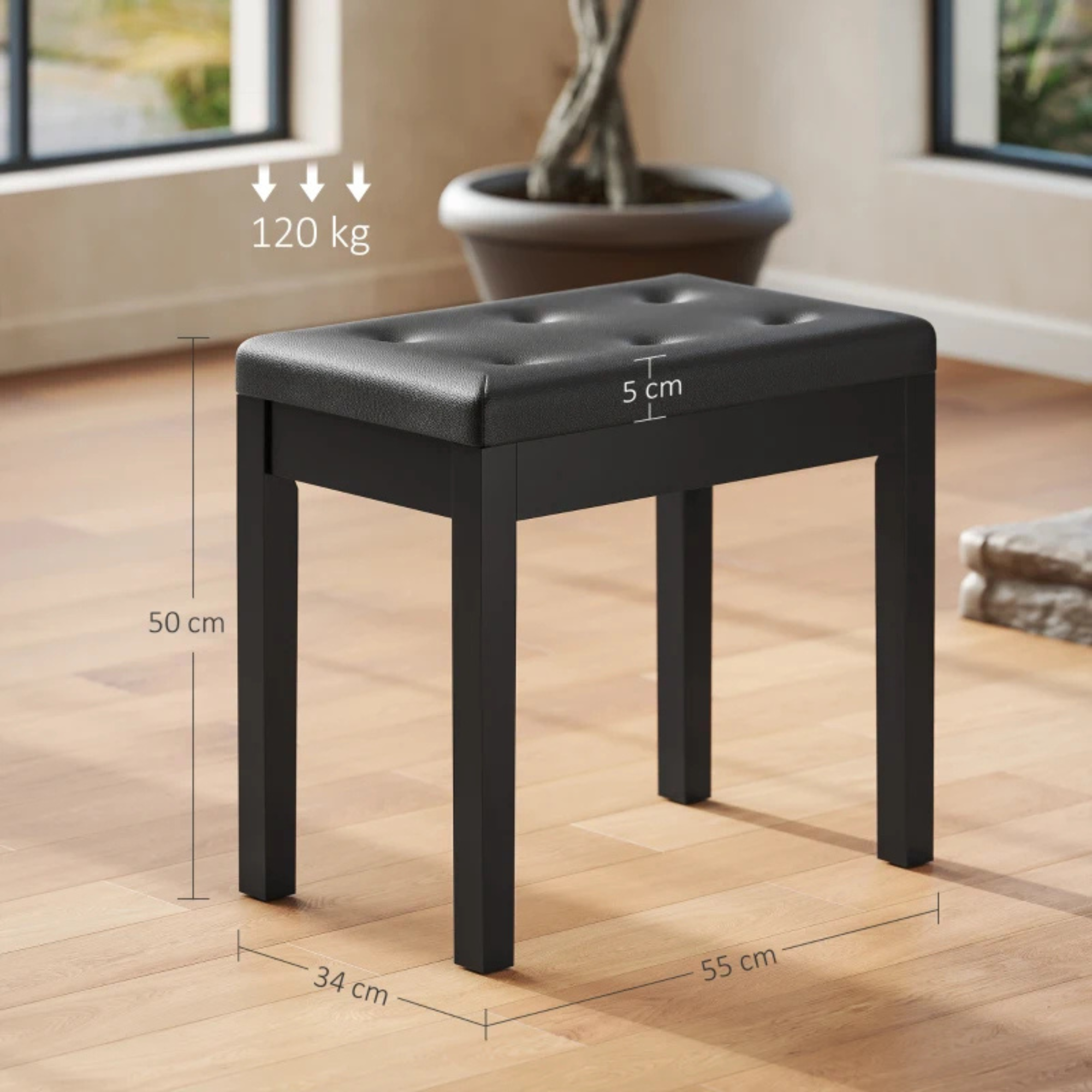 Moderne zwarte pianokruk met opbergruimte voor extra comfort en stijl – compacte zithoogte en stevig frame voor dagelijks gebruik