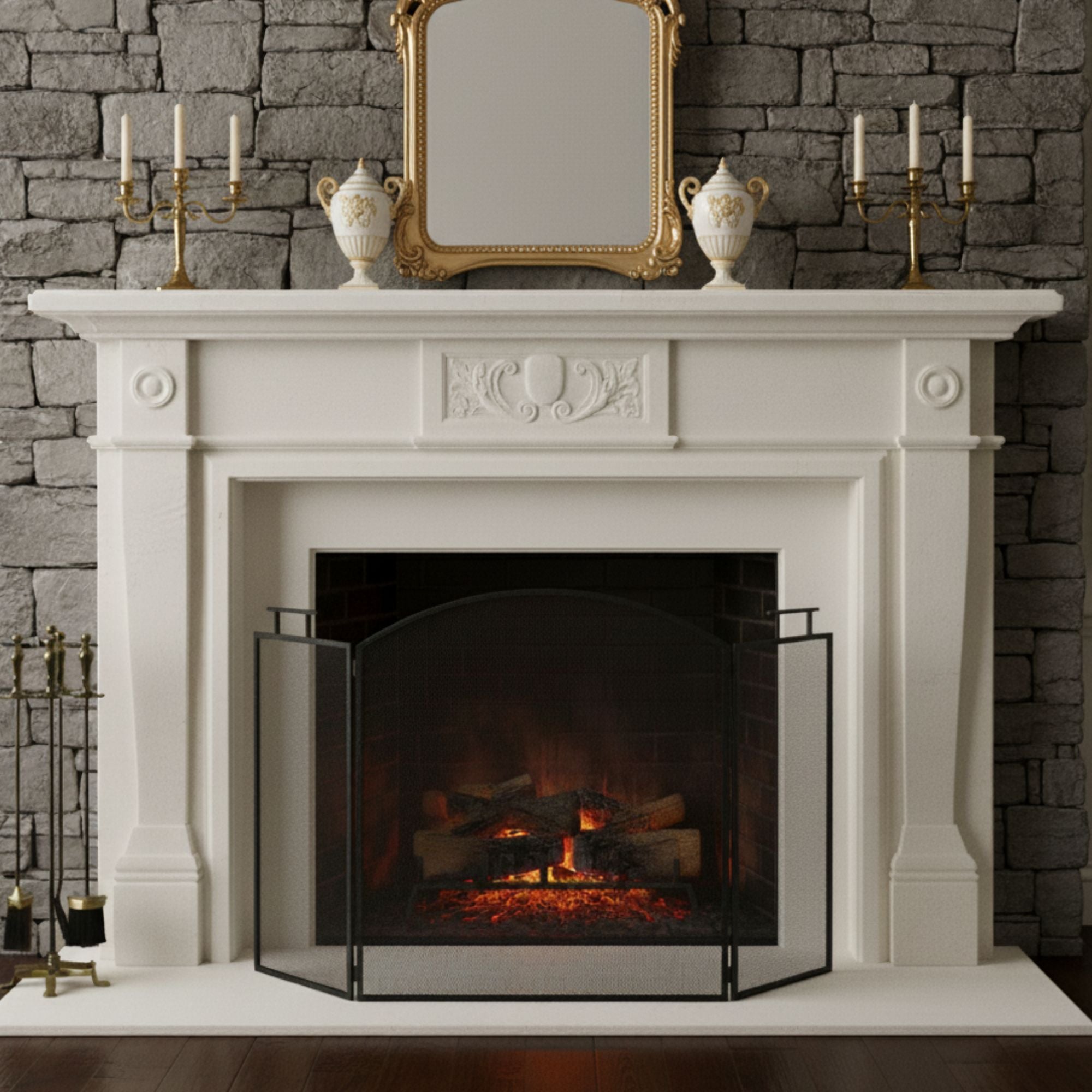 Zwart haardscherm 128x77 cm met vonkenscherm voor veilige warmte, opvouwbaar en eenvoudig op te bergen in een klassieke inrichting