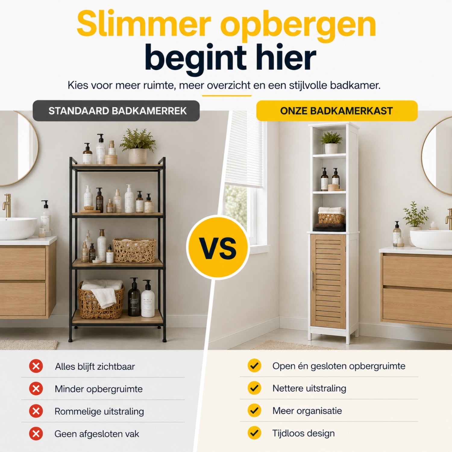 Badkamer kolomkast wit-eiken 173 cm – Smalle kast met veel opbergruimte en modern design