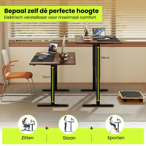 Elektrisch zit sta bureau 140x70 met botsbeveiliging en kinderslot bruin met verstelbare hoogte van 72 tot 116 cm