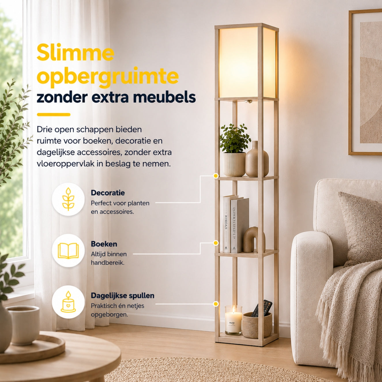 Moderne vloerlamp met opbergruimte 160 cm wit/eiken