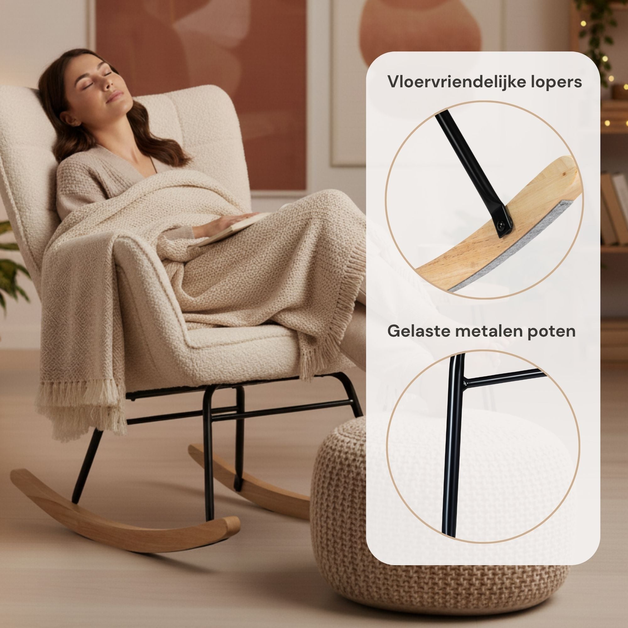 Comfortabele schommelstoel met kussen voor voeding, lezen en ontspannen cremewit | Zenzee
