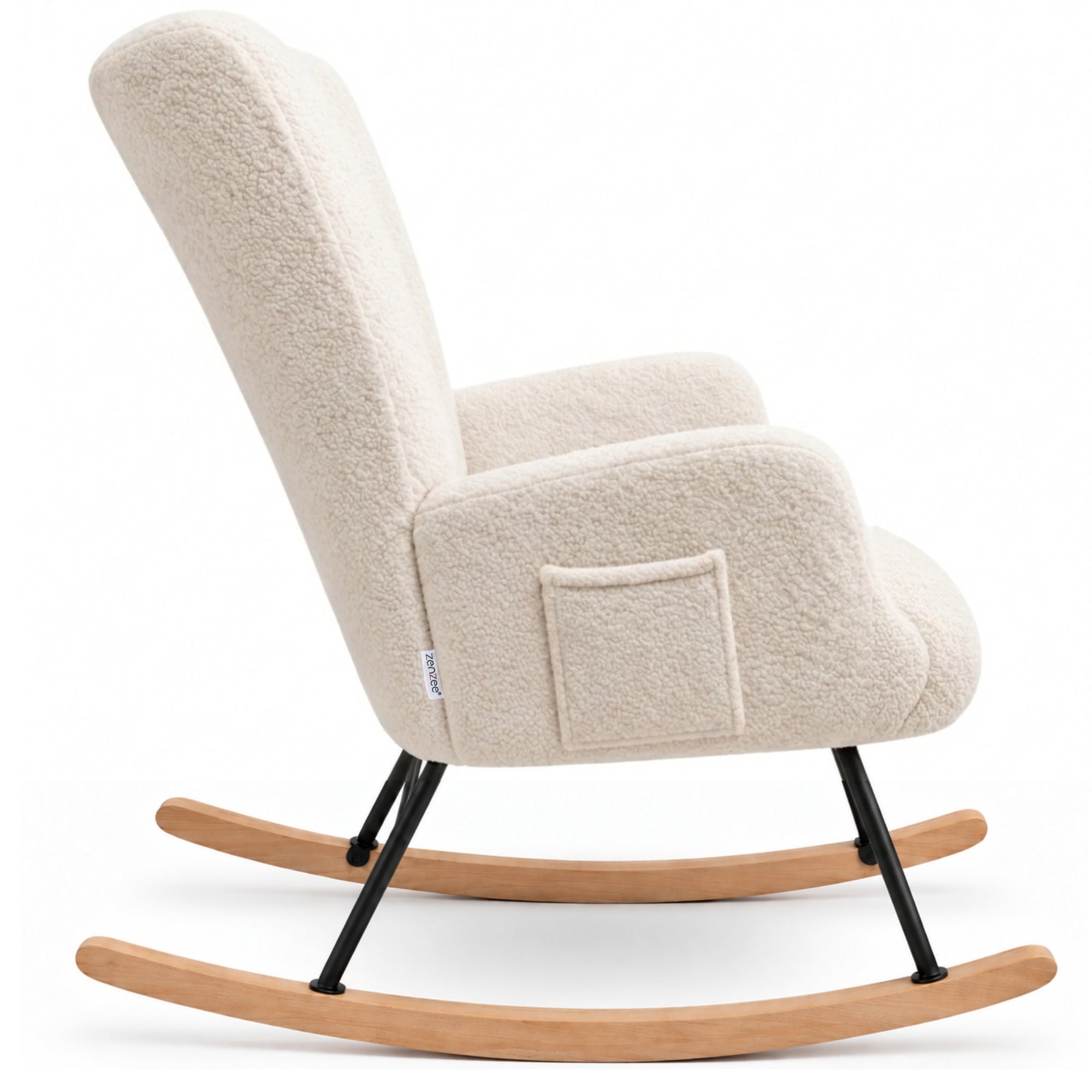 Comfortabele Schommelstoel met kussen en zijvak roomwit/beige | Zenzee in berberfleece met zijvak en houten schommelonderstel