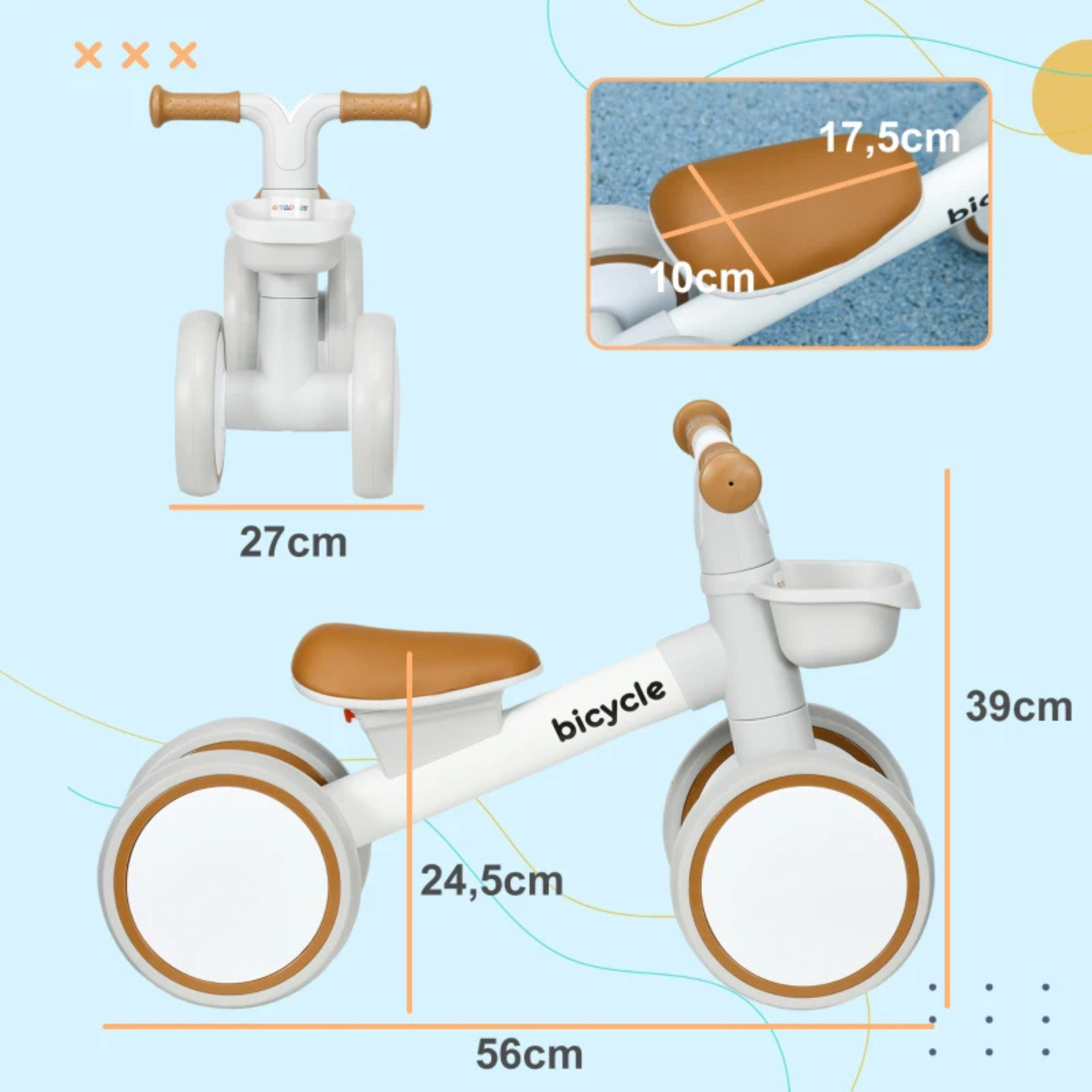 Loopfiets driewieler kinderfiets voor 1‑3 jaar met stevig frame en comfortabele zitting met opbergbakje wit en cognackleurig