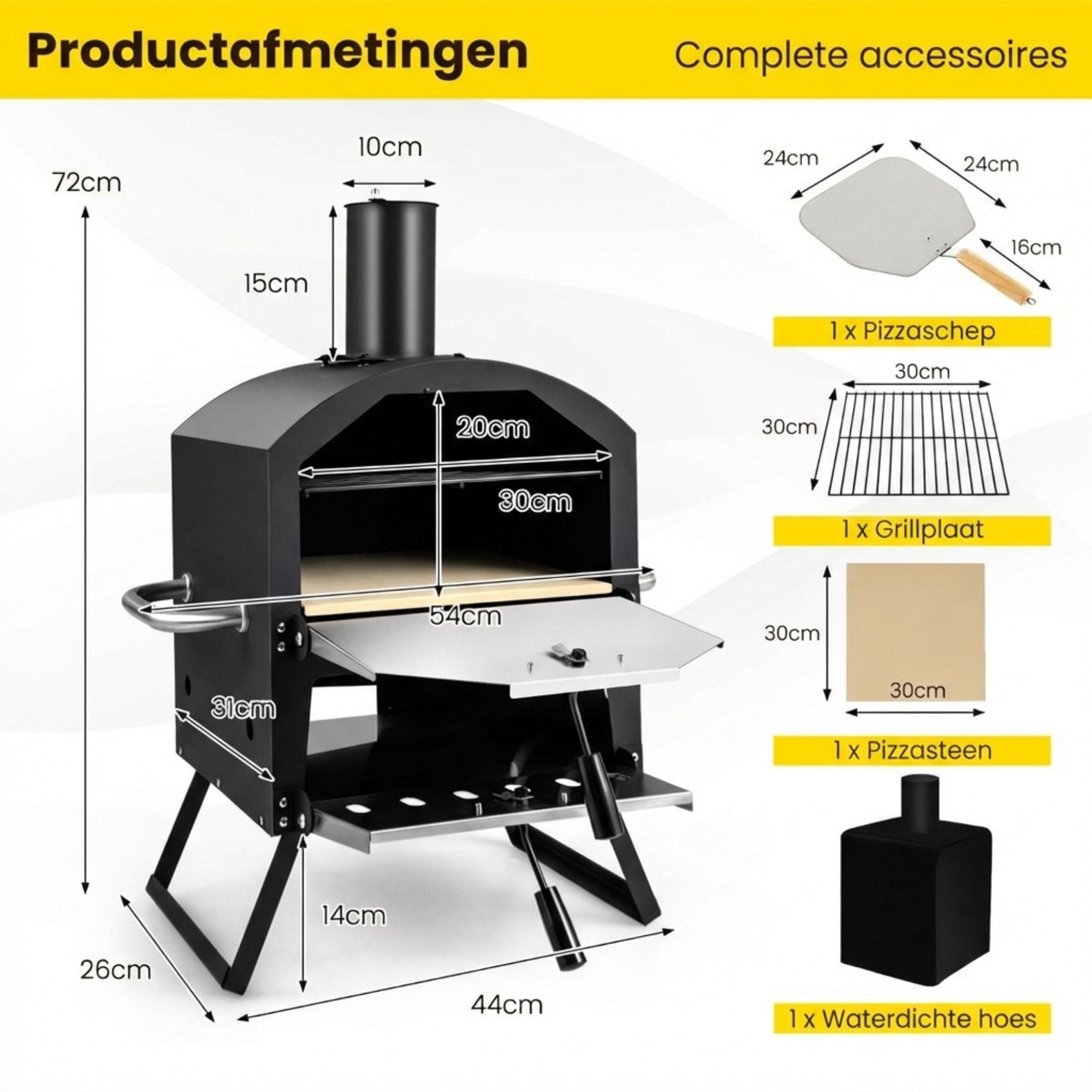 Pizzaoven voor buiten – draagbaar voor pizza, vlees en brood - Met afdekhoes en afmetingen plus accessoires zoals pizzaschep en pizzasteen