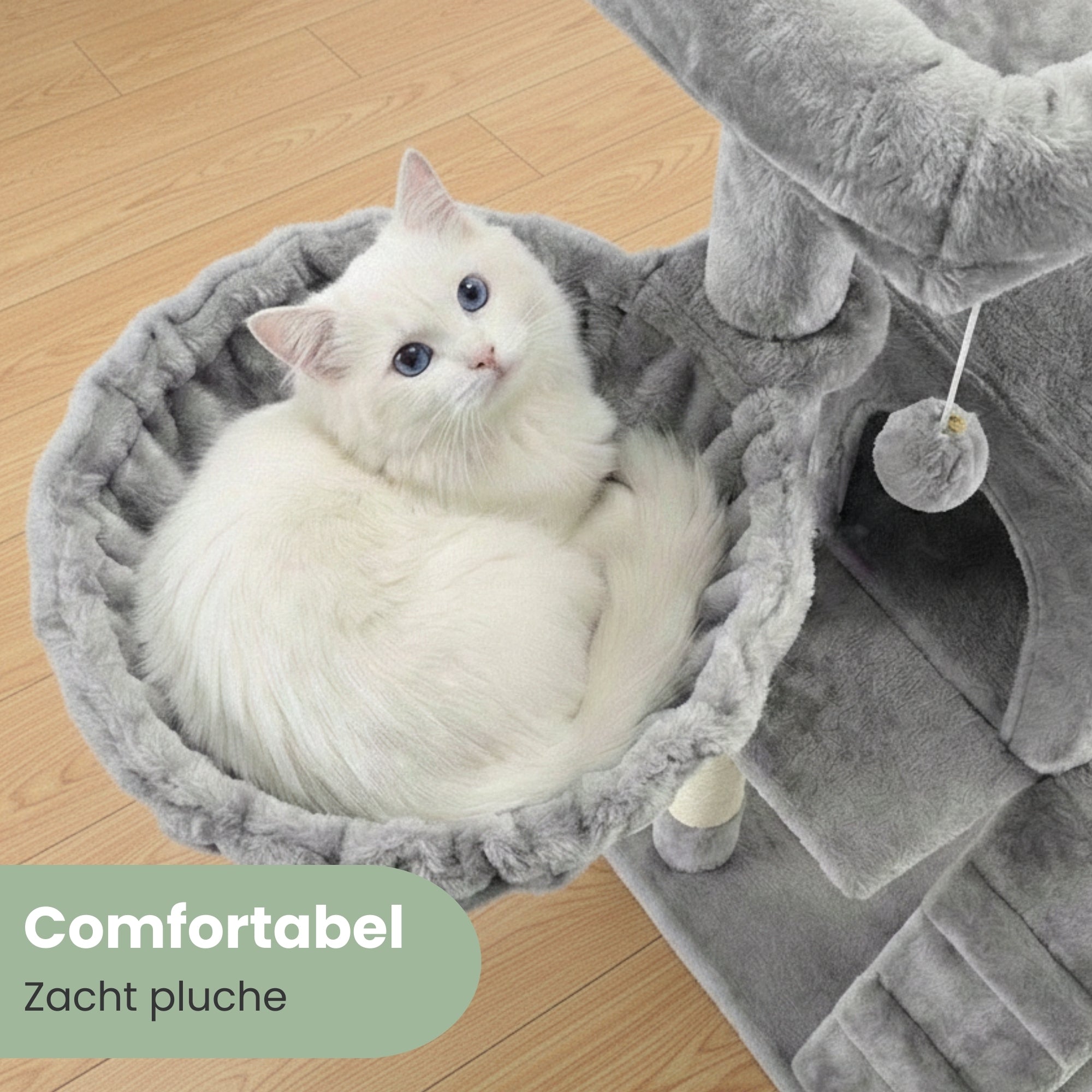 Krabpaal – Ook voor kittens en senior katten – Compact- Modern - Lichtgrijs – 49 x49 x 97 cm in galerijpositie 1 met zachte pluche hangmand en kat