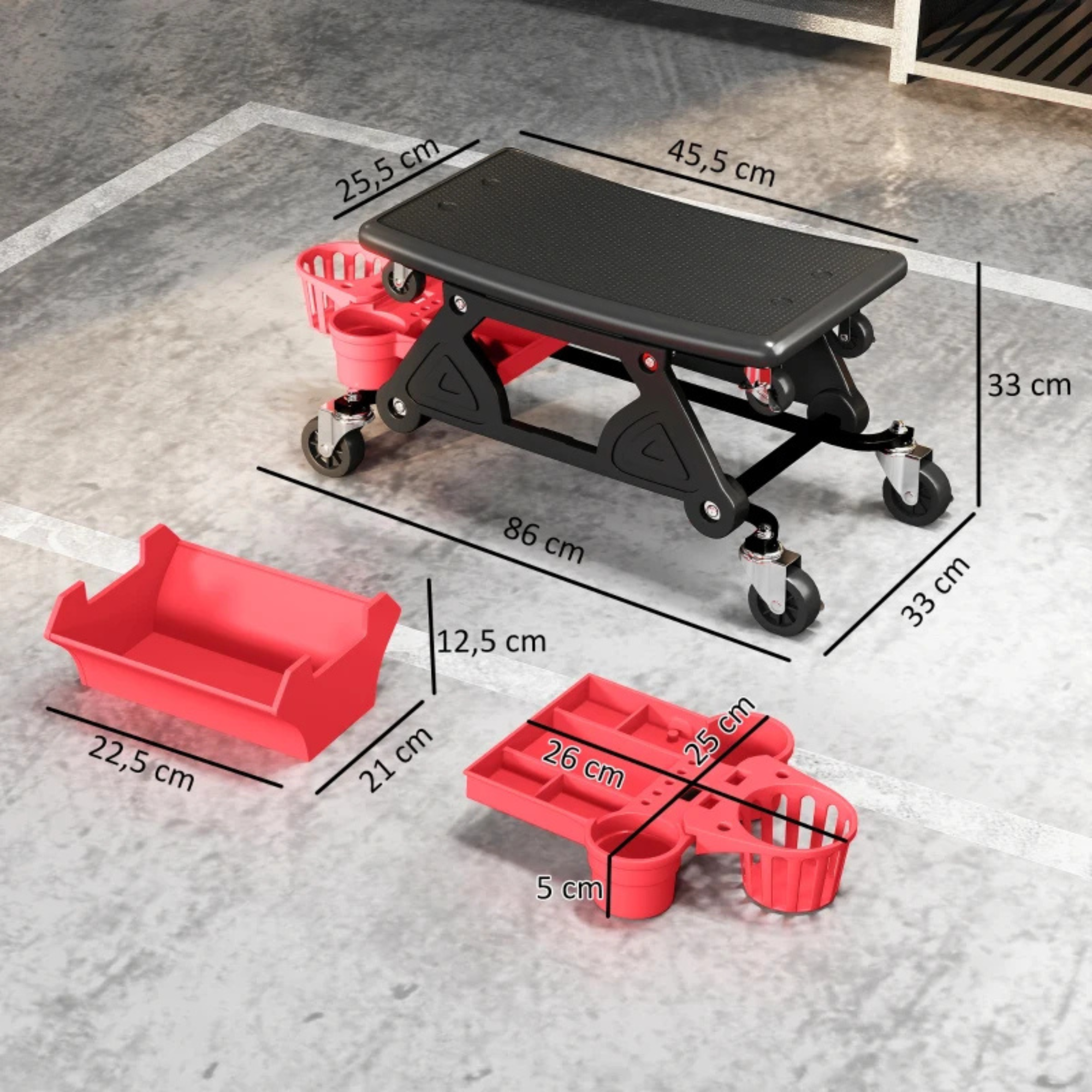 Ergonomische zadelkruk werkplaatskruk op wielen 86×33 cm met handige opbergmanden en stevige constructie