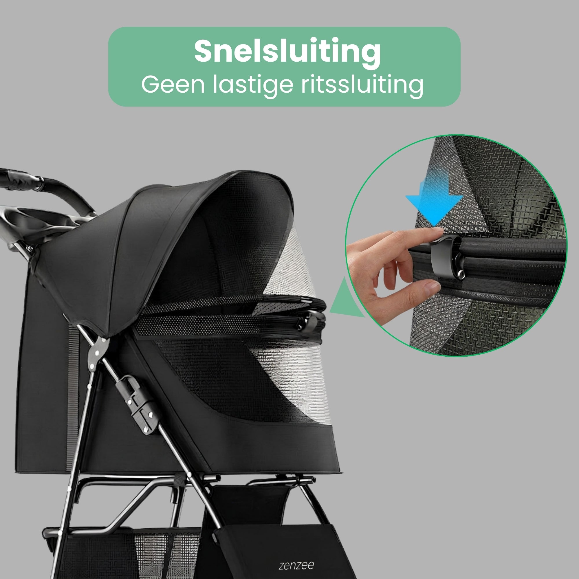 Hondenbuggy inklapbaar met regenhoes belastbaar tot 15 kg Zwart met eenvoudig te openen en sluiten mesh scherm zonder lastige ritssluiting voor snelle toegang.