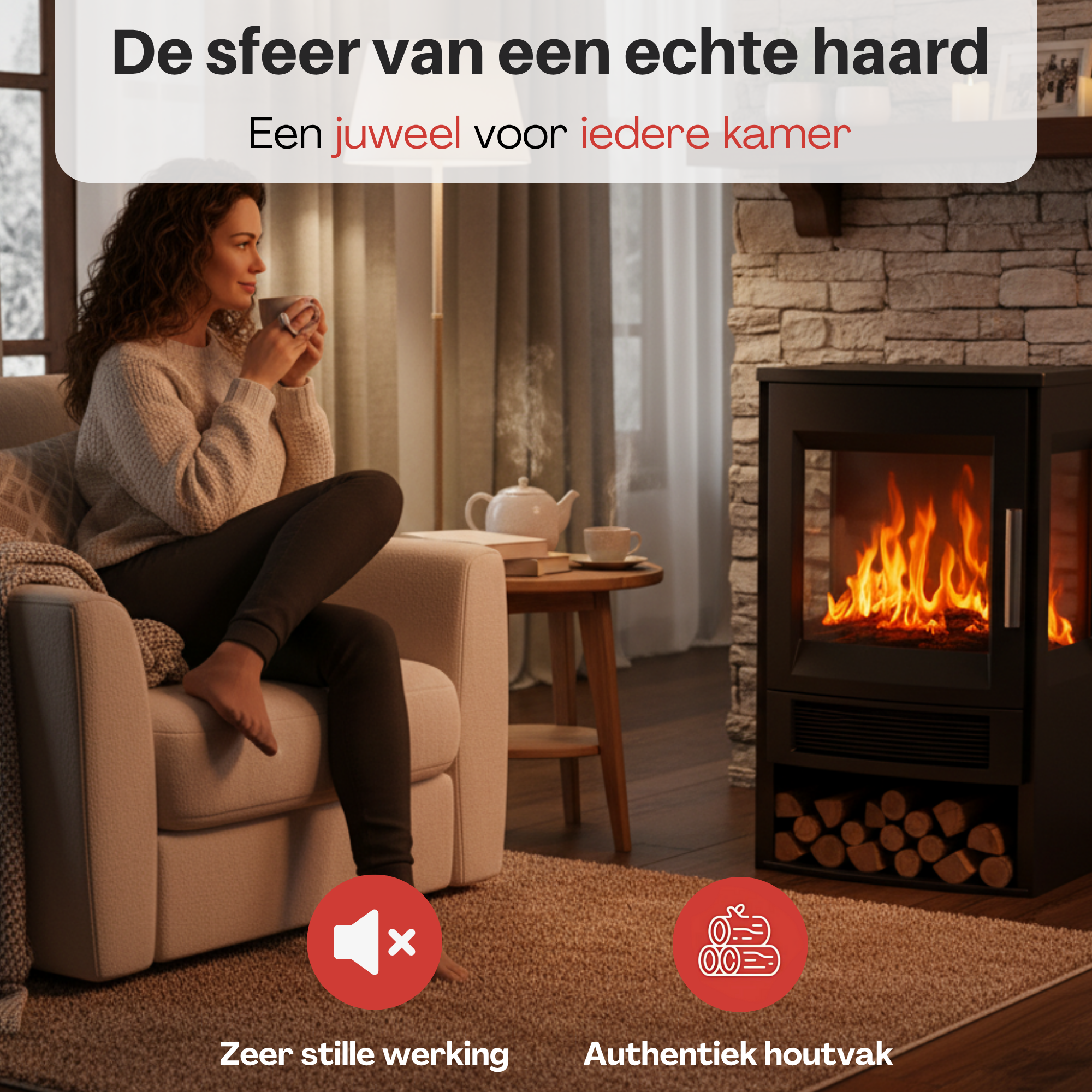 Vrouw genietend van warmte bij de Zwarte elektrische sfeerhaard 1800W – met wifi-app en afstandsbediening | Zenzee in woonkamer