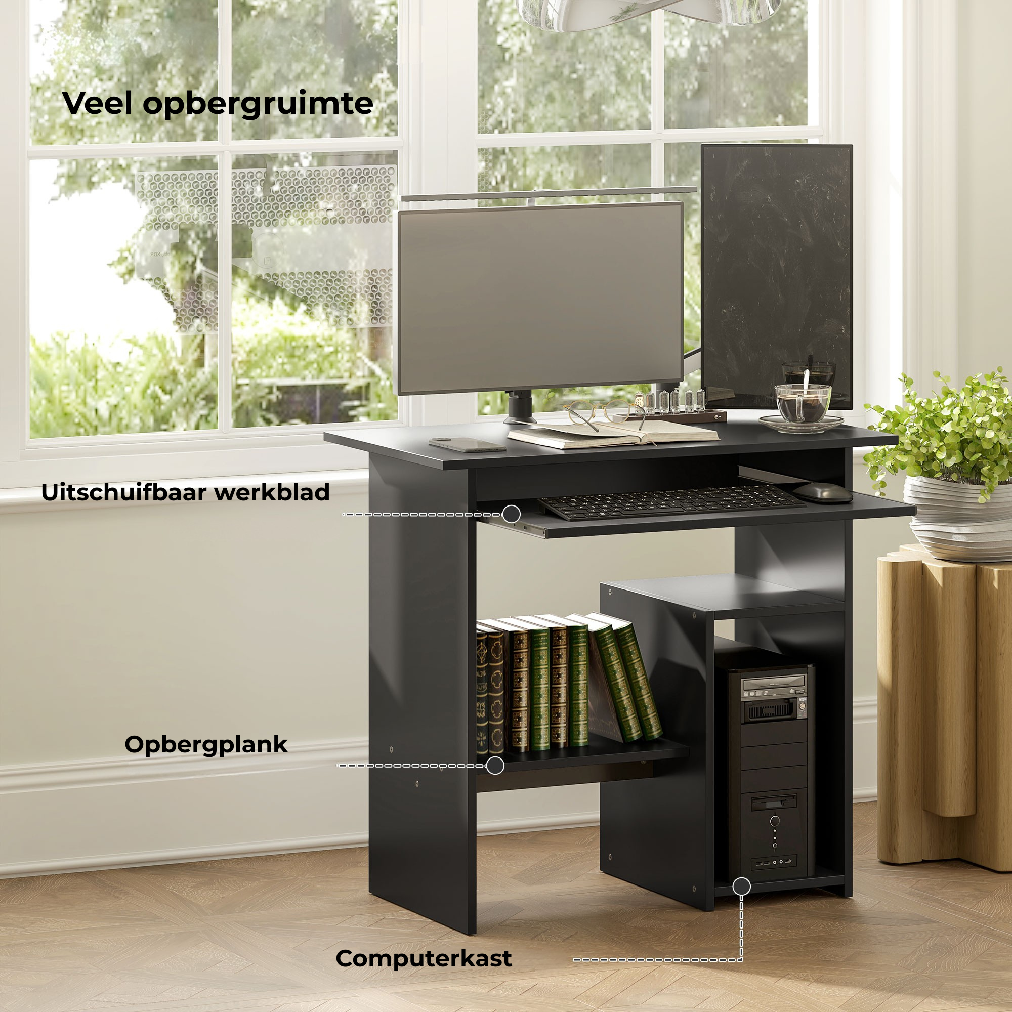 Compact zwart computerbureau 80 × 45 × 75 cm met lade & vakken met uitschuifbaar werkblad en opbergruimte