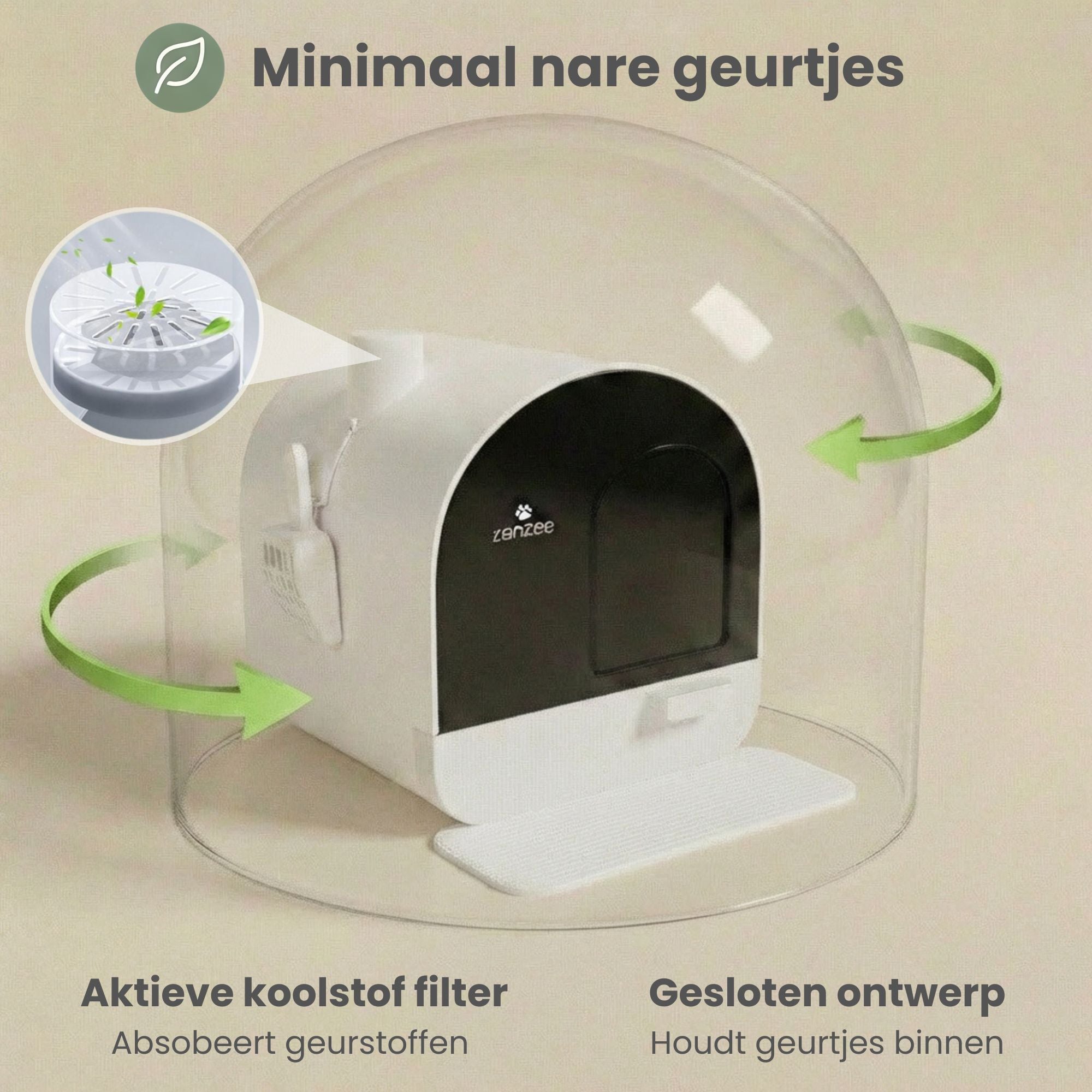 Witte kattenbak met uitneembare lade, kattenbakmat & schepje – hygiënisch design | Zenzee met actief koolstoffilter tegen geurtjes