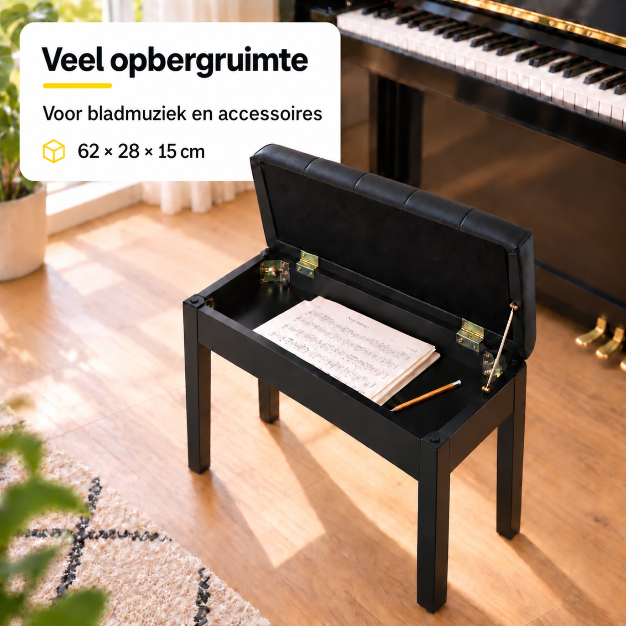 Zwarte pianobank met opbergruimte – klassiek design en zitcomfort met geopende klep en ruimte voor bladmuziek