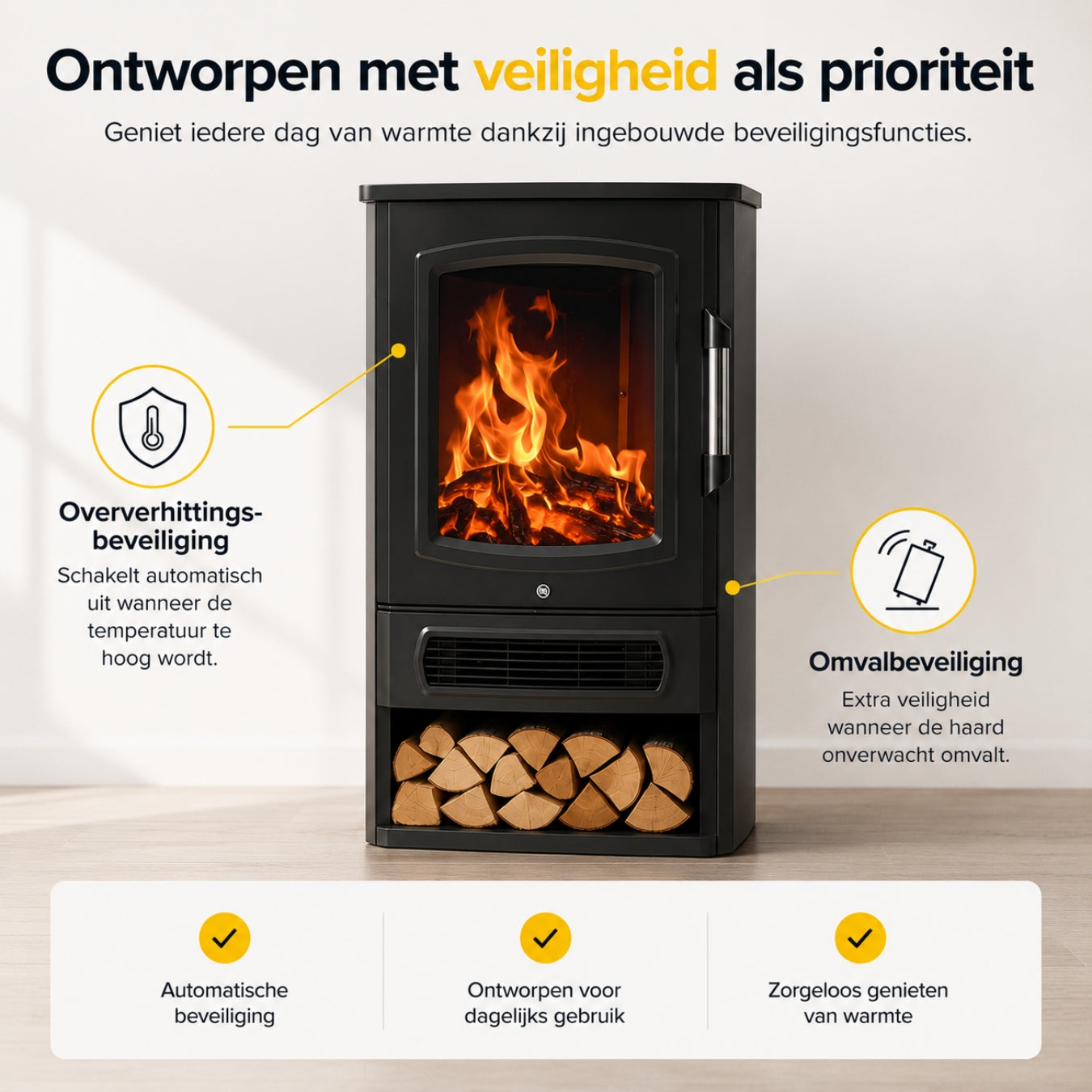 Vrijstaande elektrische sfeerhaard zwart – 2000W met realistisch vlameffect | Zenzee