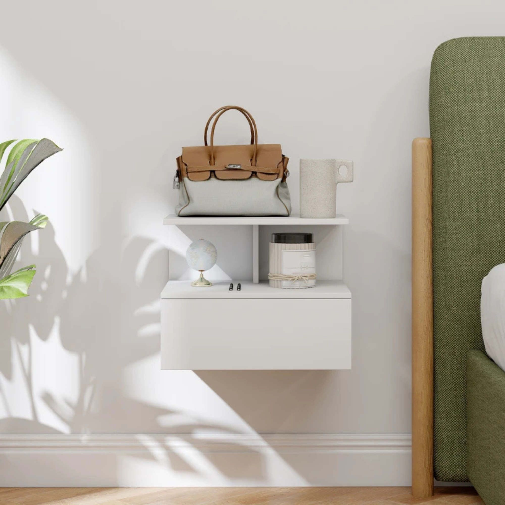 Zwevend nachtkastje met lade voor compact en stijlvol opbergen met open vak en strak wit design aan de wand gemonteerd