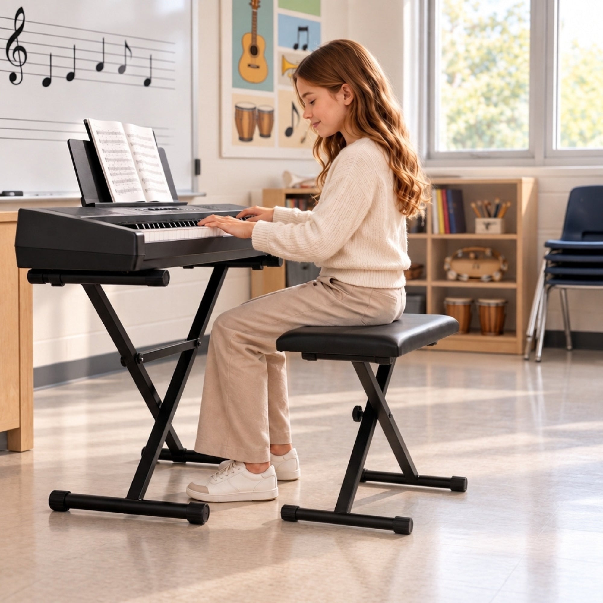 Verstelbare pianokruk met inklapbaar frame – zwart kunstleer – 39×29×37–47 cm met meisje aan keyboard