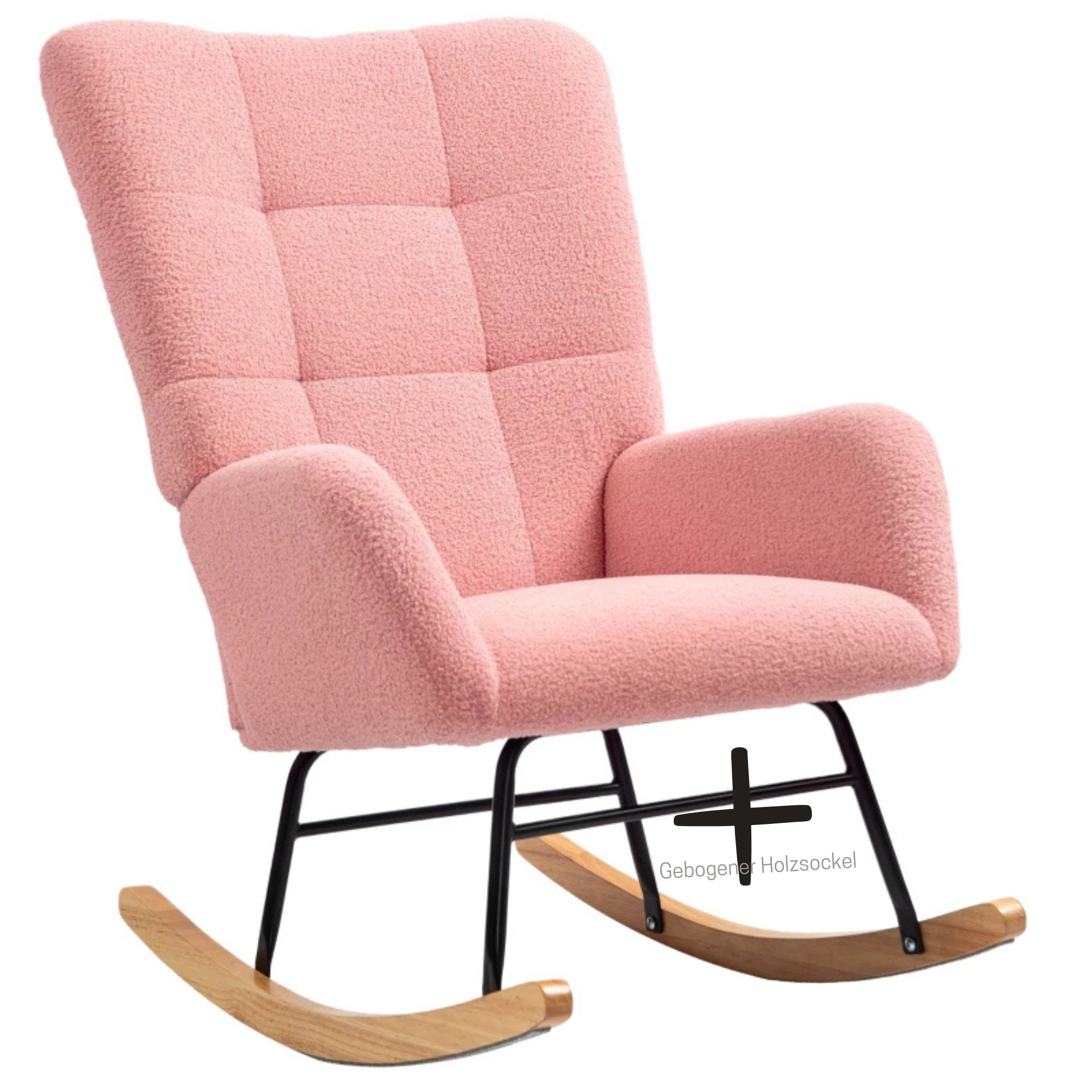 Comfortabele roze schommelstoel voor woonkamer of slaapkamer met zachte bekleding en gebogen houten poten voor ontspanning