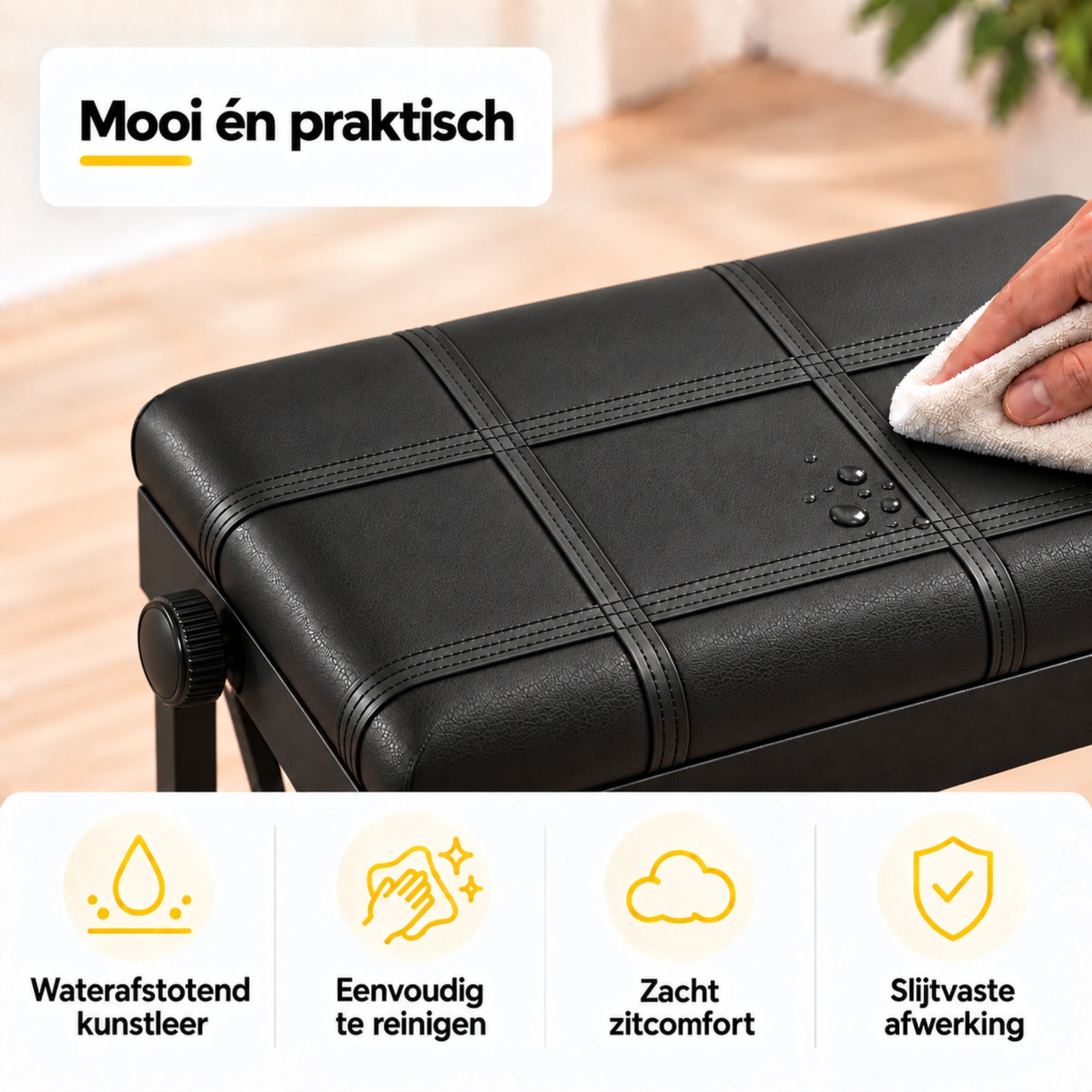 Zwarte pianokruk verstelbaar met opbergruimte en comfortabel design met waterafstotende kunstleren zitting die eenvoudig te reinigen is