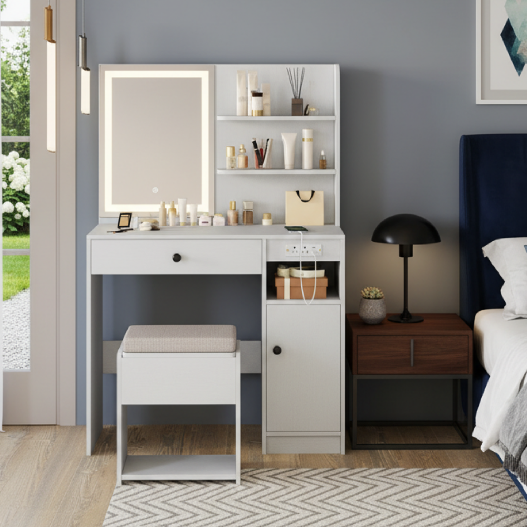 Make-up tafel kaptafel met hocker met LED-spiegel 90x40x136 cm – modern wit design met opbergruimte en praktische details