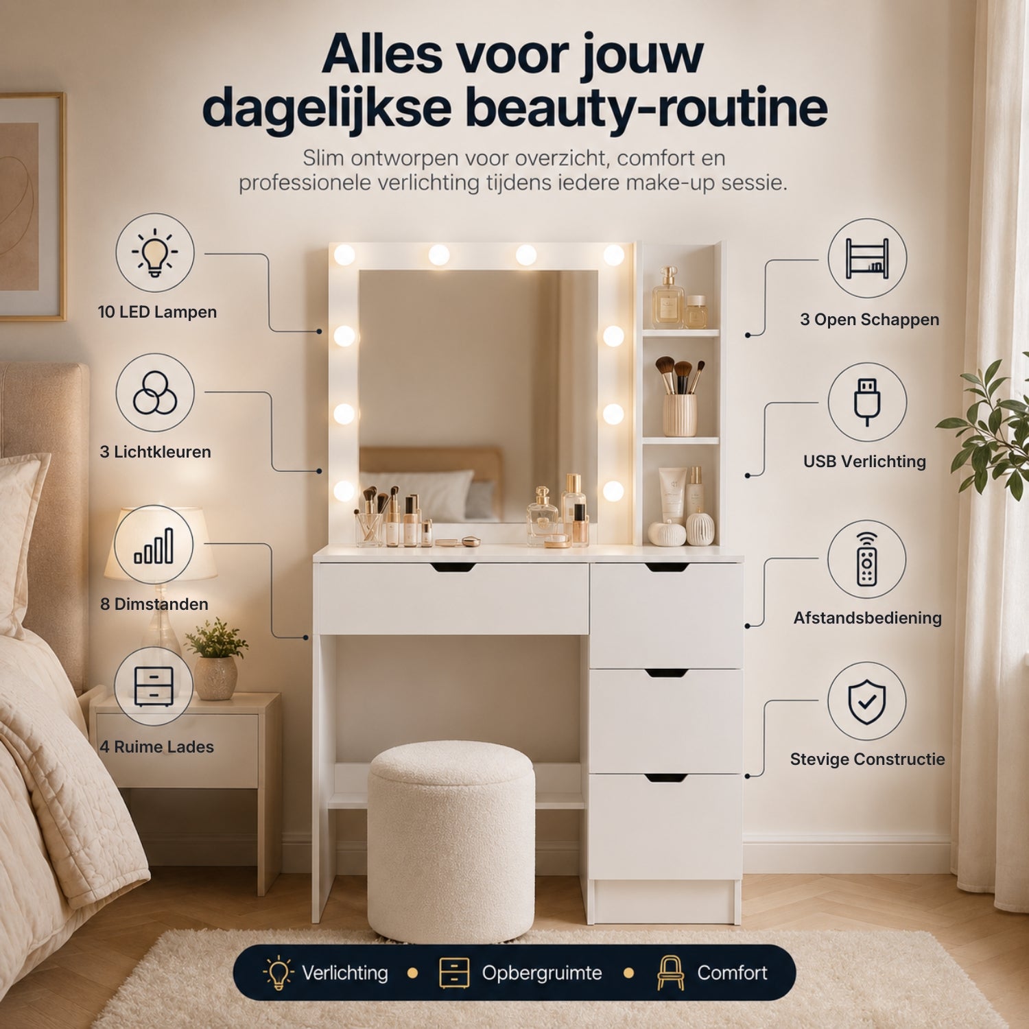 Kaptafel wit met Hollywood spiegel LED en ruime lades voor make-up | Zenzee met 10 LED lampen en 3 lichtkleuren
