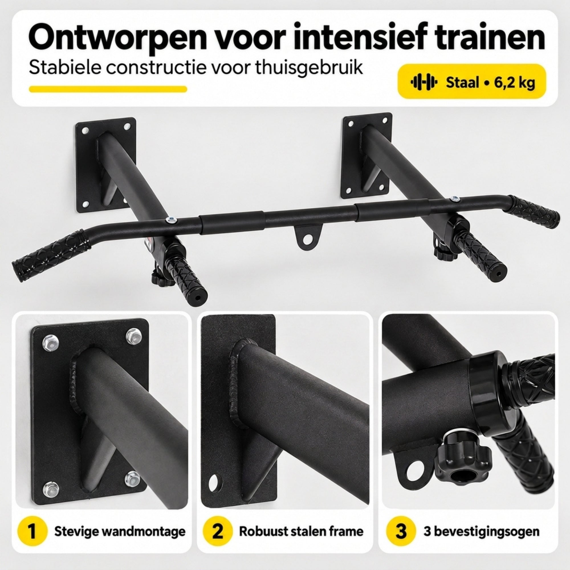 Pull up bar zwart – wandmontage met 150 kg draagvermogen met drie gripposities en drie bevestigingsogen van staal