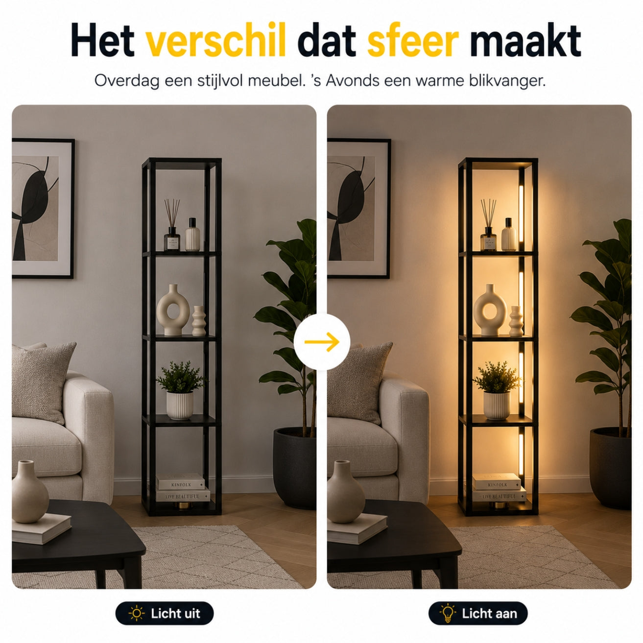 Zwarte vloerlamp met LED-verlichting en geïntegreerde opbergruimte – 29×29×163 cm | Zenzee