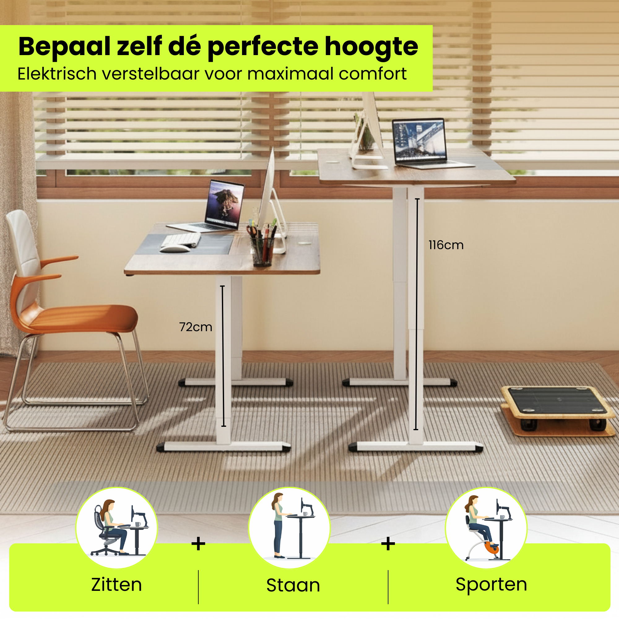 Elektrisch zit sta bureau 140x70 met botsbeveiliging en kinderslot natuur met verstelbare hoogte van 72 tot 116 cm