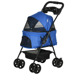 Hondenbuggy blauw opvouwbaar met opbergruimte en veilige parkeerrem, lichtgewicht frame en ademend gaasventilatie