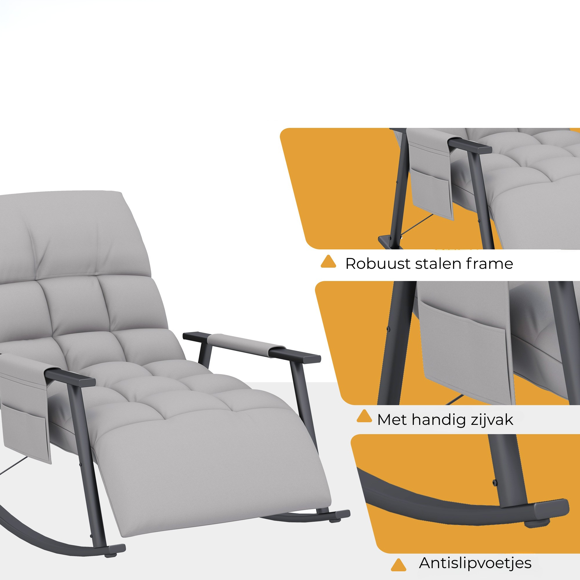 Comfortabele grijze schommelstoel met verstelbare rugleuning en zachte bekleding, robuust staal en antislipvoetjes